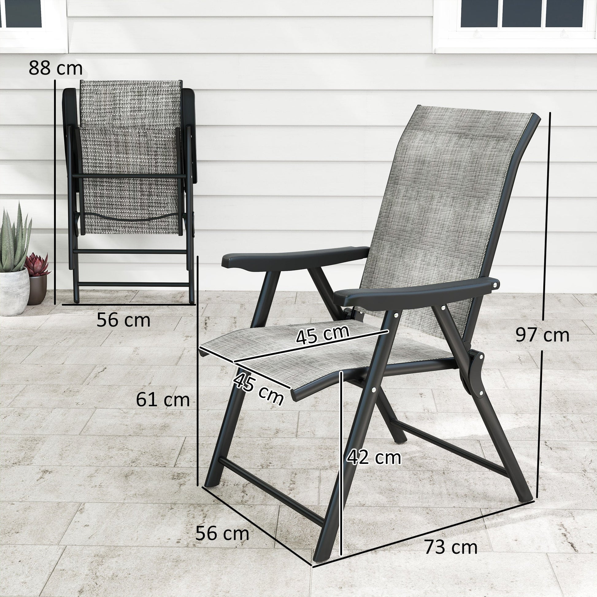 Set of 2 Folding Chair, Garden Chair Set with Breathable Mesh Back and Seat, Outdoor Camping Chairs with Armrests, Steel Frame for Deck Balcony, Black and Grey