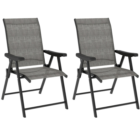 Set of 2 Folding Chair, Garden Chair Set with Breathable Mesh Back and Seat, Outdoor Camping Chairs with Armrests, Steel Frame for Deck Balcony, Black and Grey