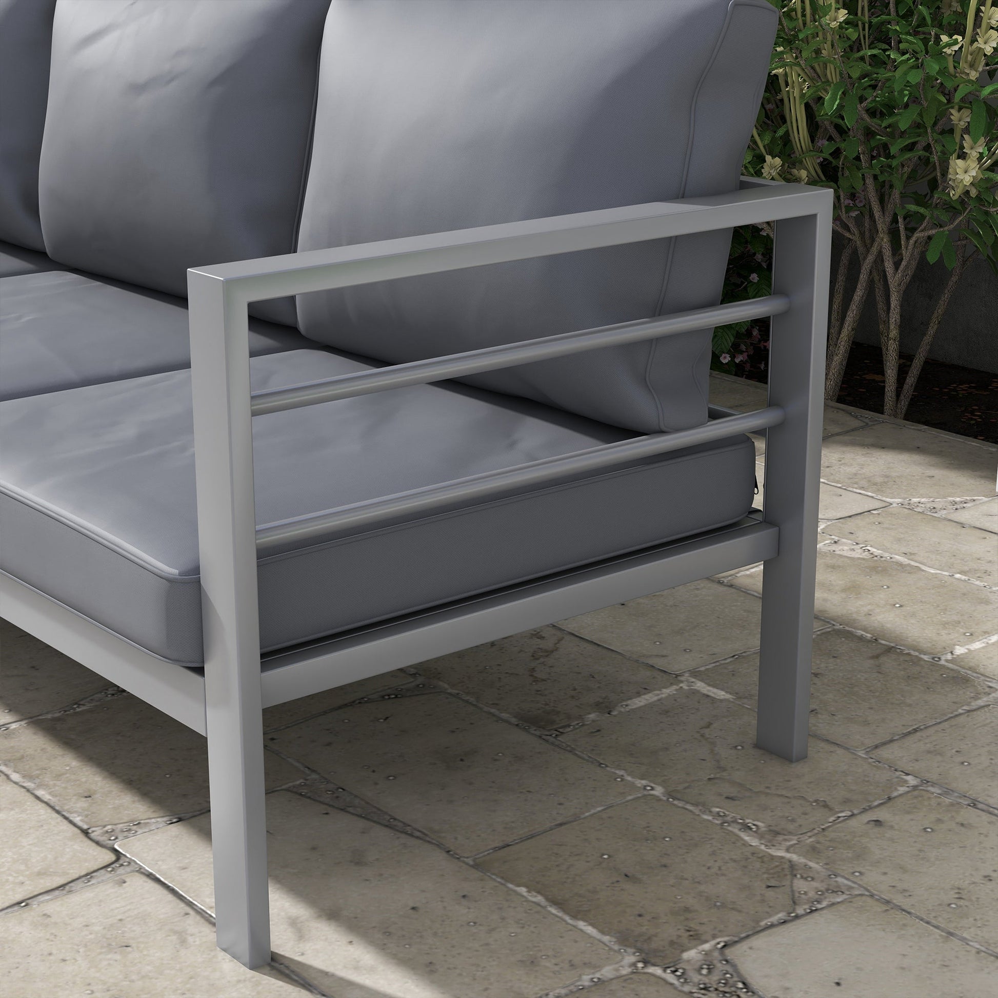 Garden Bench with Cushions, 3-Seater Sofa, Aluminium Frame Outdoor Furniture with Backrest, Armrest and Back Cushions, 185 x 66 x 64cm, Grey