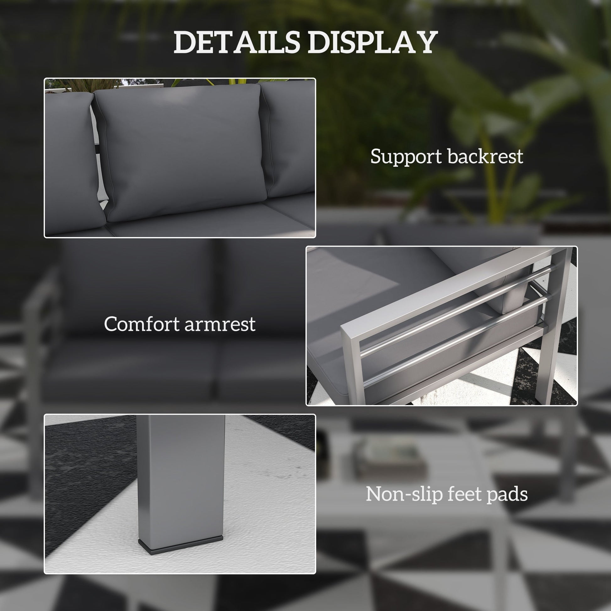 Garden Bench with Cushions, 3-Seater Sofa, Aluminium Frame Outdoor Furniture with Backrest, Armrest and Back Cushions, 185 x 66 x 64cm, Grey