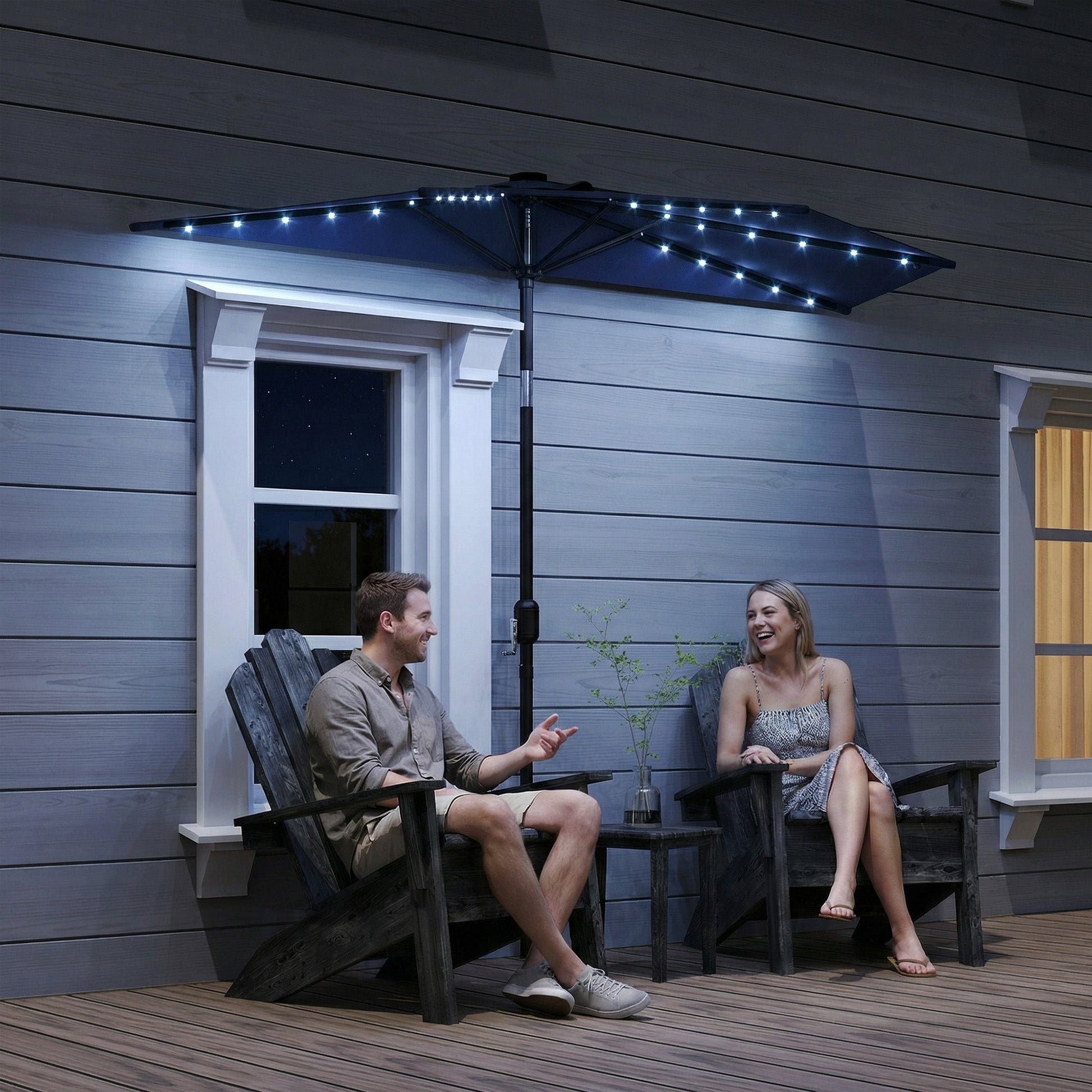 2.6 m Half Garden Parasol with Solar LED Lights, UPF50+ Semi Round Umbrella with 30° Tilt, Crank Handle, Metal Frame for Balcony, Dark Blue