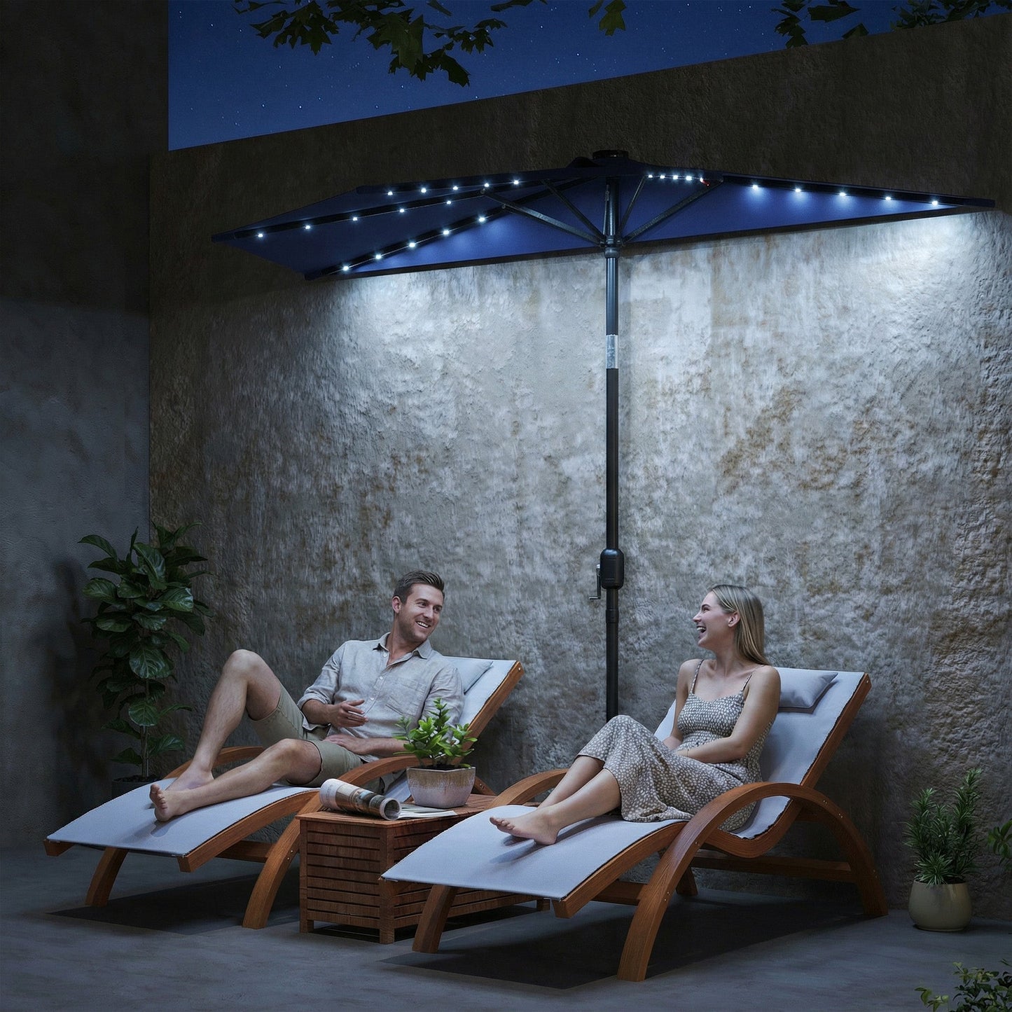 2.6 m Half Garden Parasol with Solar LED Lights, UPF50+ Semi Round Umbrella with 30° Tilt, Crank Handle, Metal Frame for Balcony, Dark Blue