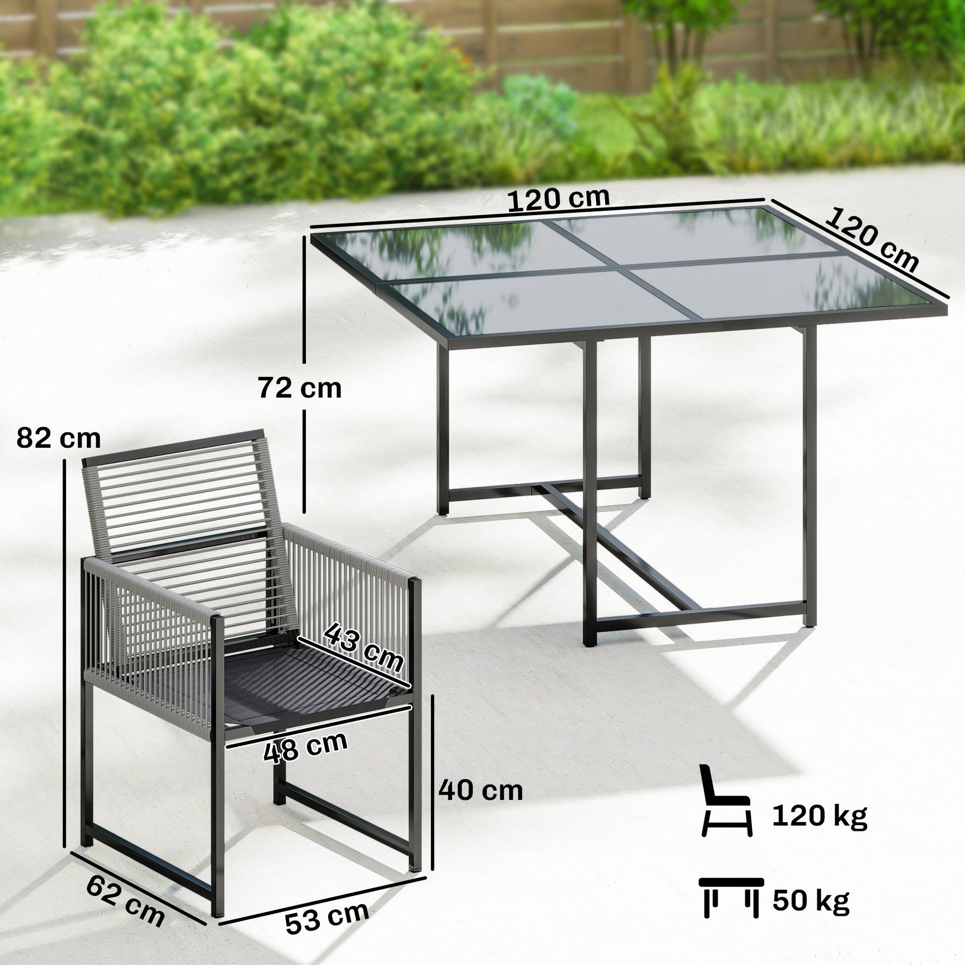 5 Pieces Garden Dining Set, Outdoor Patio Cube Set, 4 Seater Outdoor Table and Chairs with Foldable Backrest, Tempered Glass Top, Space-Saving, Light Grey