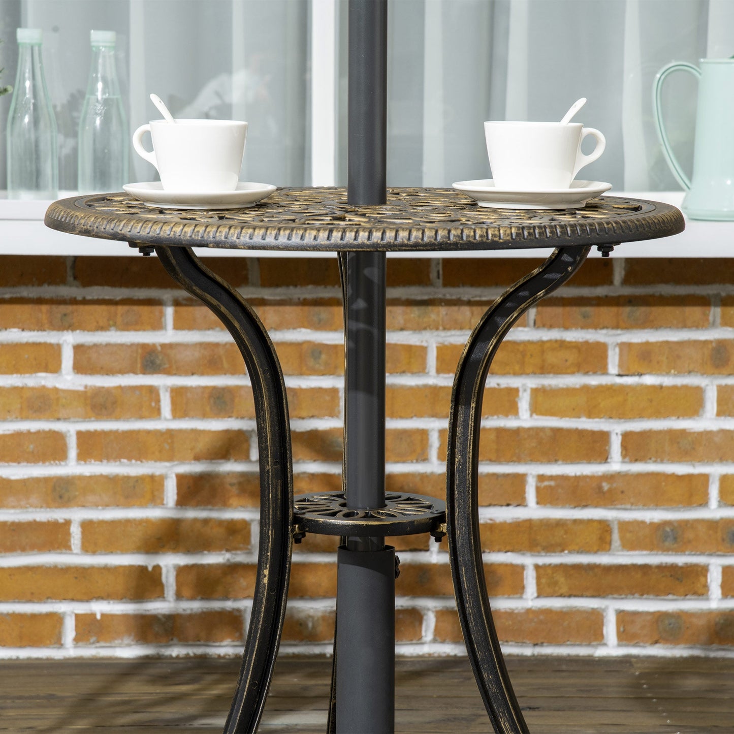 3 Piece Cast Aluminium Garden Bistro Set for 2 with Parasol Hole, Outdoor Coffee Table Set, Two Armless Chairs and Round Coffee Table for Balcony, Patio, Bronze