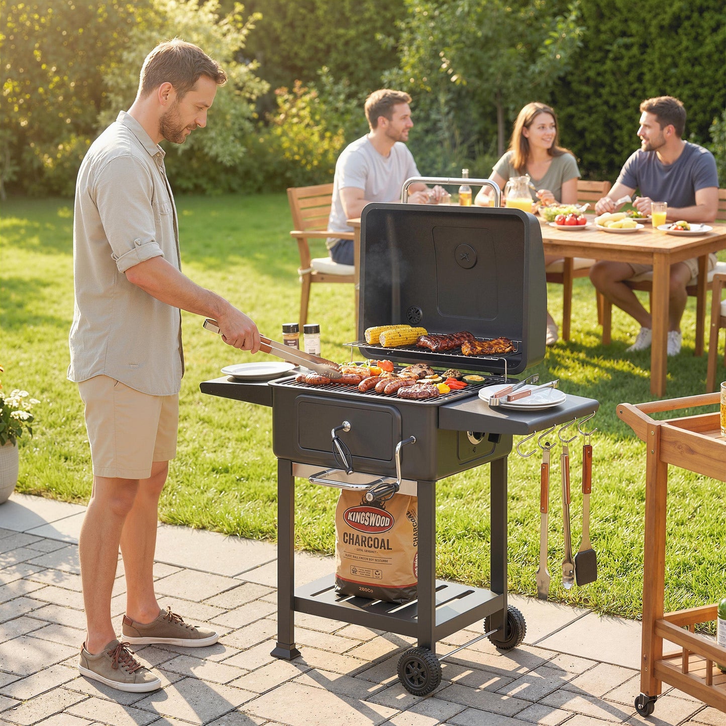 Charcoal BBQ Grill with Adjustable Charcoal Pan, Large Barbecue Grill Smoker with Warming Rack, Side Tables, Chimney, Vents, Wheels and Temperature Gauge, Portable for Outdoor Cooking, Black