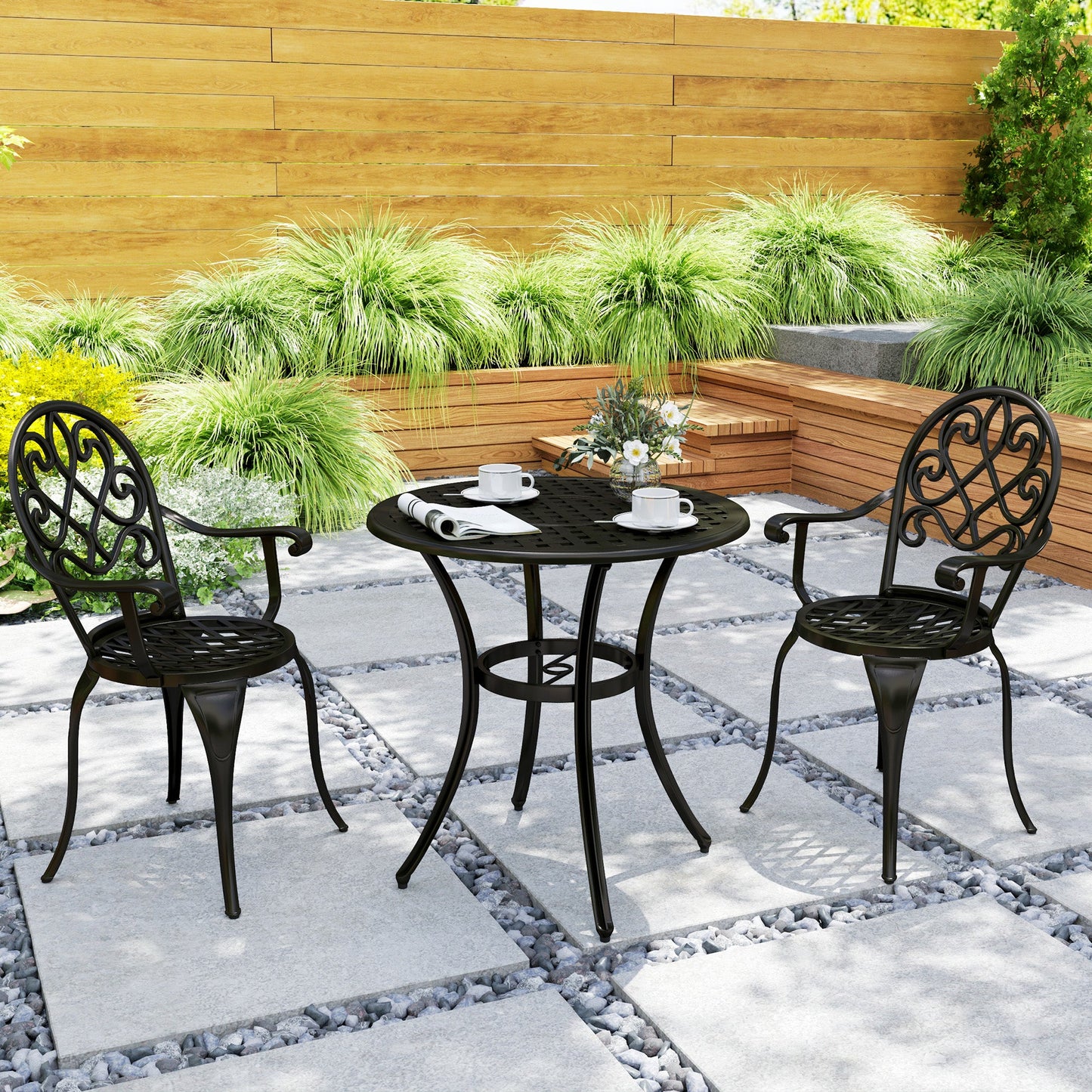 3 Piece Patio Bistro Set for 2, Outdoor Aluminium Garden Table and Chairs with Adjustable Footpads for Balcony, Garden and Patio, Black