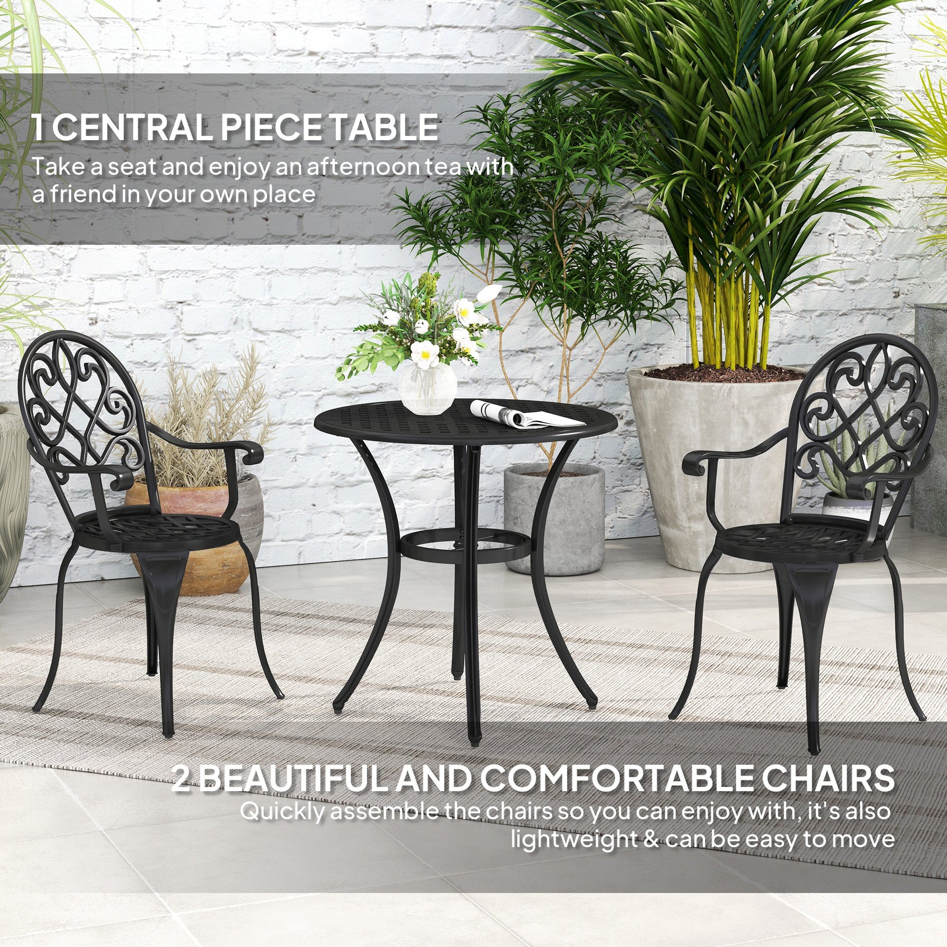 3 Piece Patio Bistro Set for 2, Outdoor Aluminium Garden Table and Chairs with Adjustable Footpads for Balcony, Garden and Patio, Black