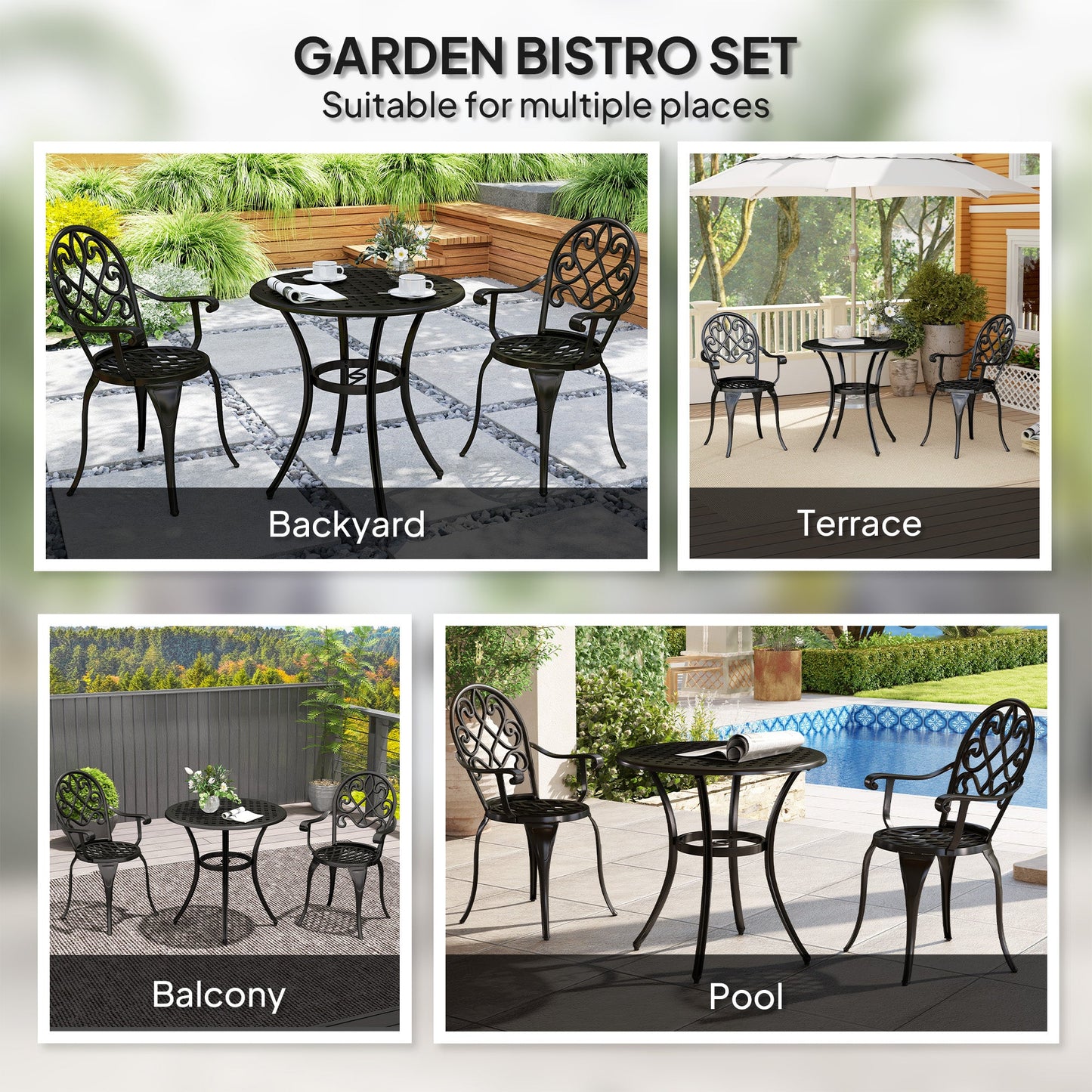 3 Piece Patio Bistro Set for 2, Outdoor Aluminium Garden Table and Chairs with Adjustable Footpads for Balcony, Garden and Patio, Black