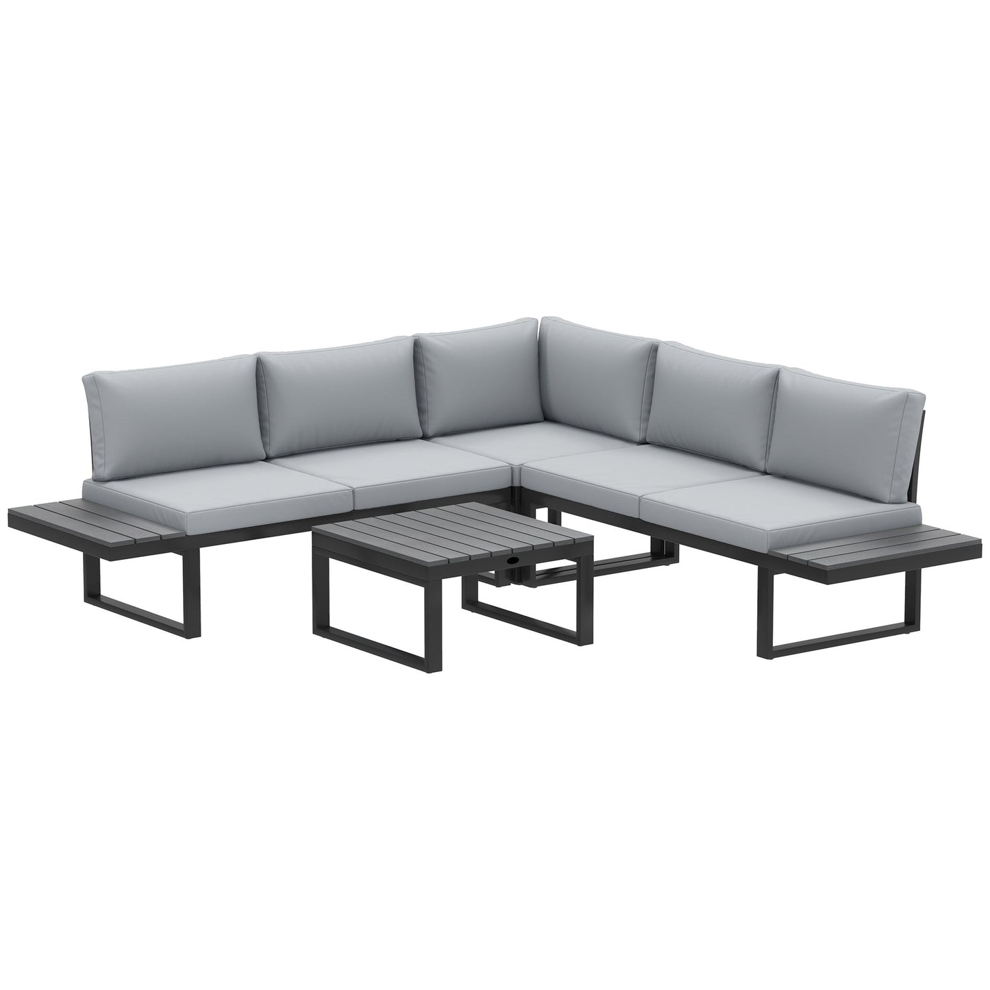 4 Pieces Patio Garden Set with 5-Level Recline Corner Sofa, Outdoor Garden Lounge Sectional Conversation Sofa Set with Cushions, Wood Grain Plastic Table, Black Frame Light Grey Cushion