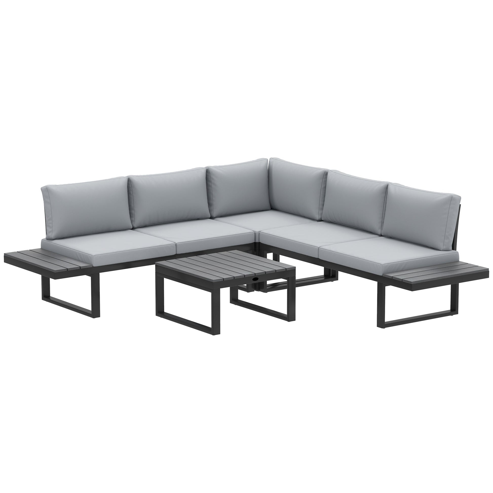 4 Pieces Patio Garden Set with 5-Level Recline Corner Sofa, Outdoor Garden Lounge Sectional Conversation Sofa Set with Cushions, Wood Grain Plastic Table, Black Frame Light Grey Cushion