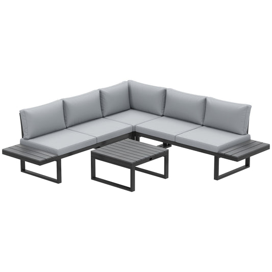 4 Pieces Patio Garden Set with 5-Level Recline Corner Sofa, Outdoor Garden Lounge Sectional Conversation Sofa Set with Cushions, Wood Grain Plastic Table, Black Frame Light Grey Cushion