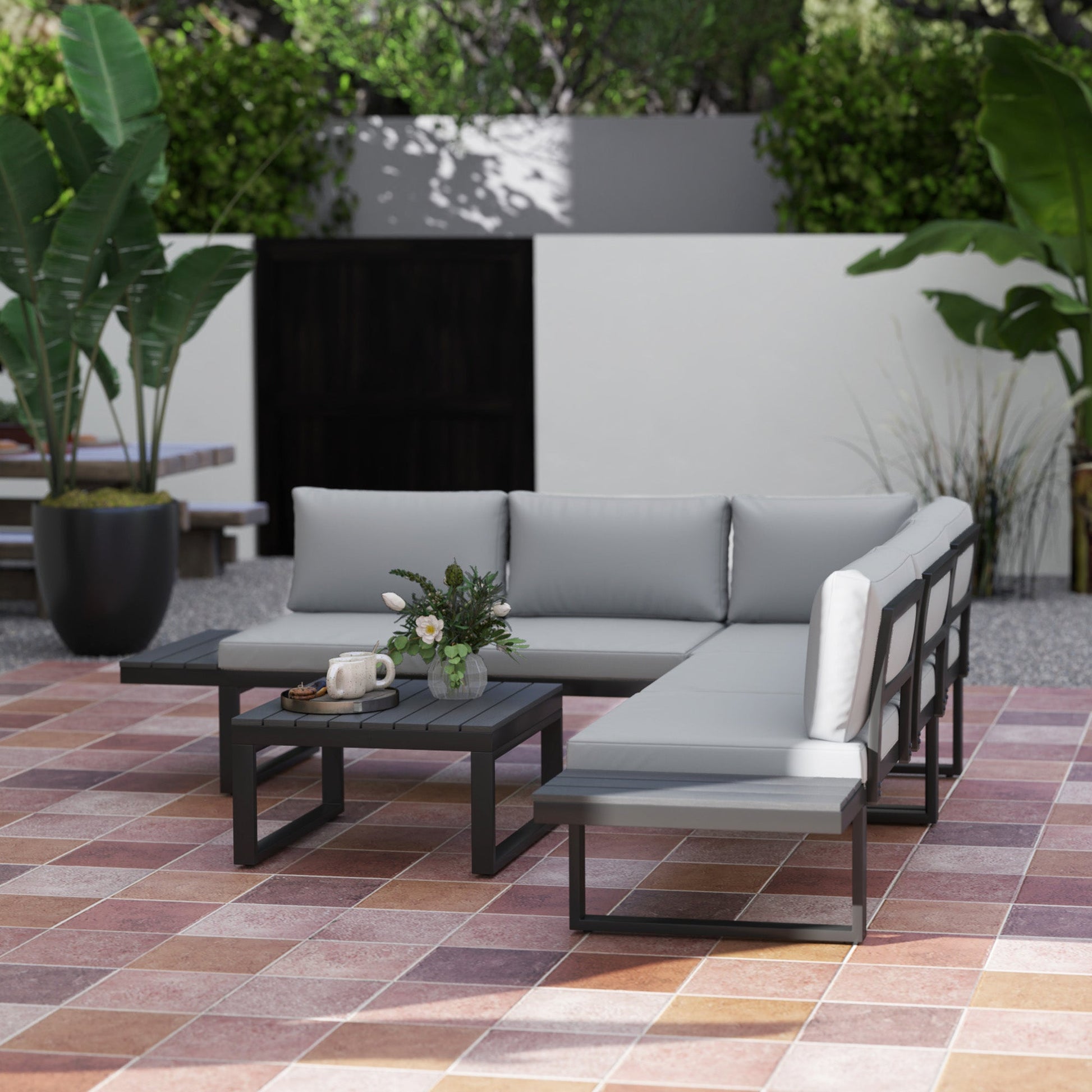 4 Pieces Patio Garden Set with 5-Level Recline Corner Sofa, Outdoor Garden Lounge Sectional Conversation Sofa Set with Cushions, Wood Grain Plastic Table, Black Frame Light Grey Cushion