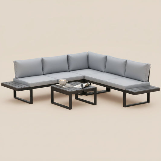 4 Pieces Patio Garden Set with 5-Level Recline Corner Sofa, Outdoor Garden Lounge Sectional Conversation Sofa Set with Cushions, Wood Grain Plastic Table, Black Frame Light Grey Cushion
