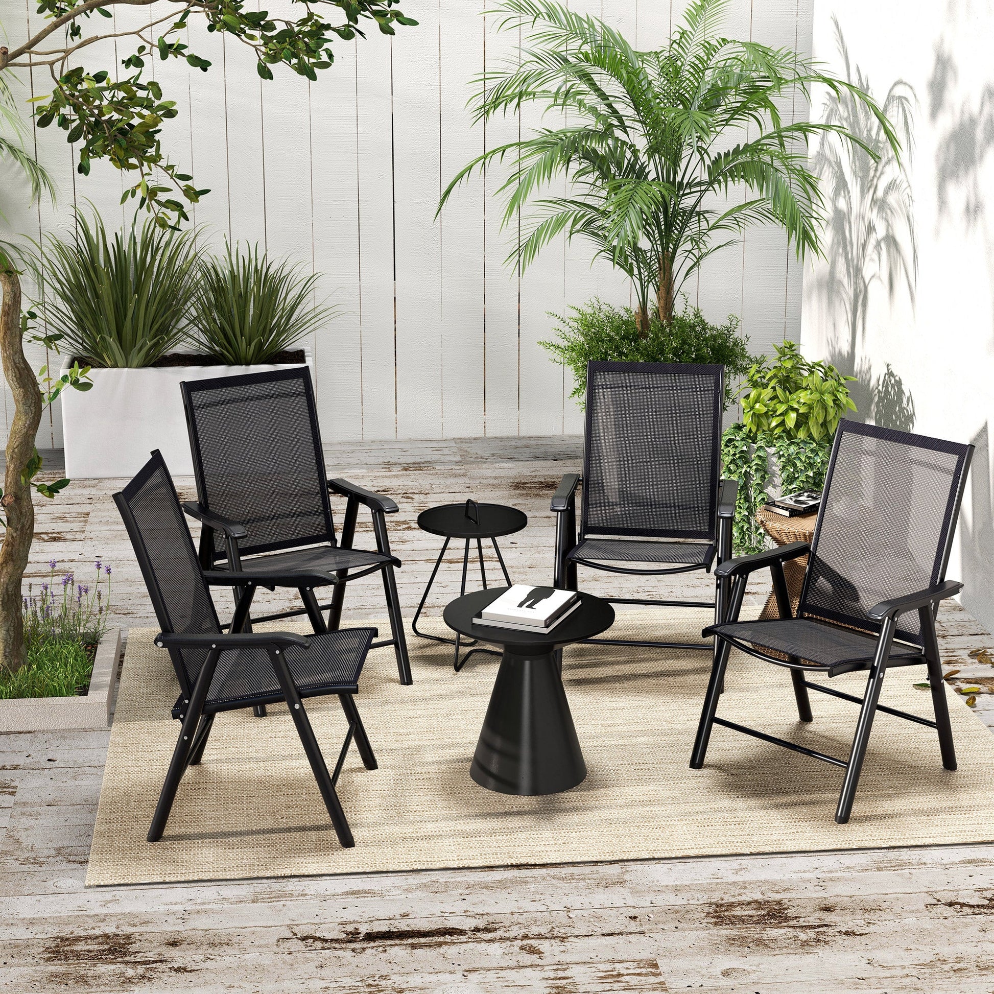 Set of 4 Folding Garden Chairs, Metal Frame Garden Chairs Outdoor Patio Park Dining Seat with Breathable Mesh Seat, Black