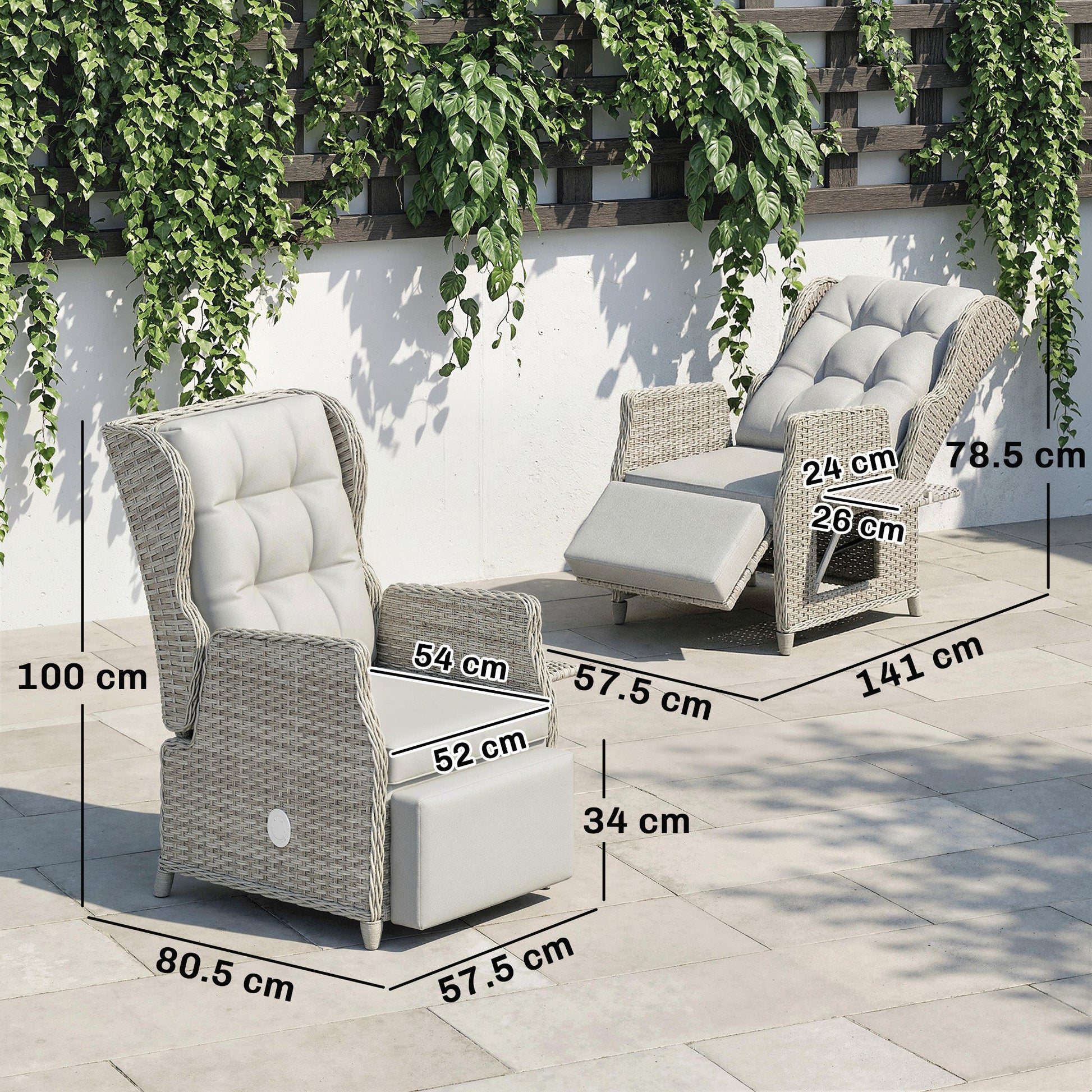 Rattan Garden Recliner Chair, Reclining Garden Chair with Adjustable Backrest and Footrest, Flip Table, Cushion, PE Wicker Outdoor Lounge Armchair Sun Lounger for Patio, Balcony, Light Grey