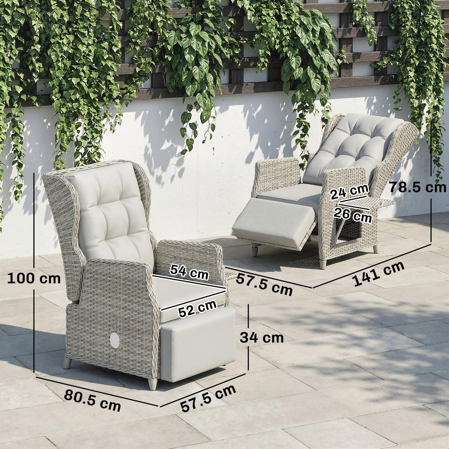 Rattan Garden Recliner Chair, Reclining Garden Chair with Adjustable Backrest and Footrest, Flip Table, Cushion, PE Wicker Outdoor Lounge Armchair Sun Lounger for Patio, Balcony, Light Grey
