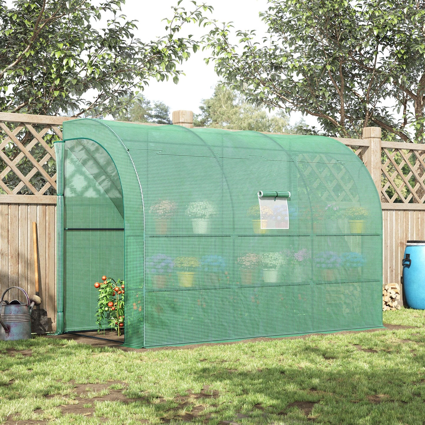Walk-In Lean to Wall Greenhouse with Windows and Doors, Outdoor Green House with 3 Tiers 6 Wired Shelves, 300L x 150W x 213Hcm, Green