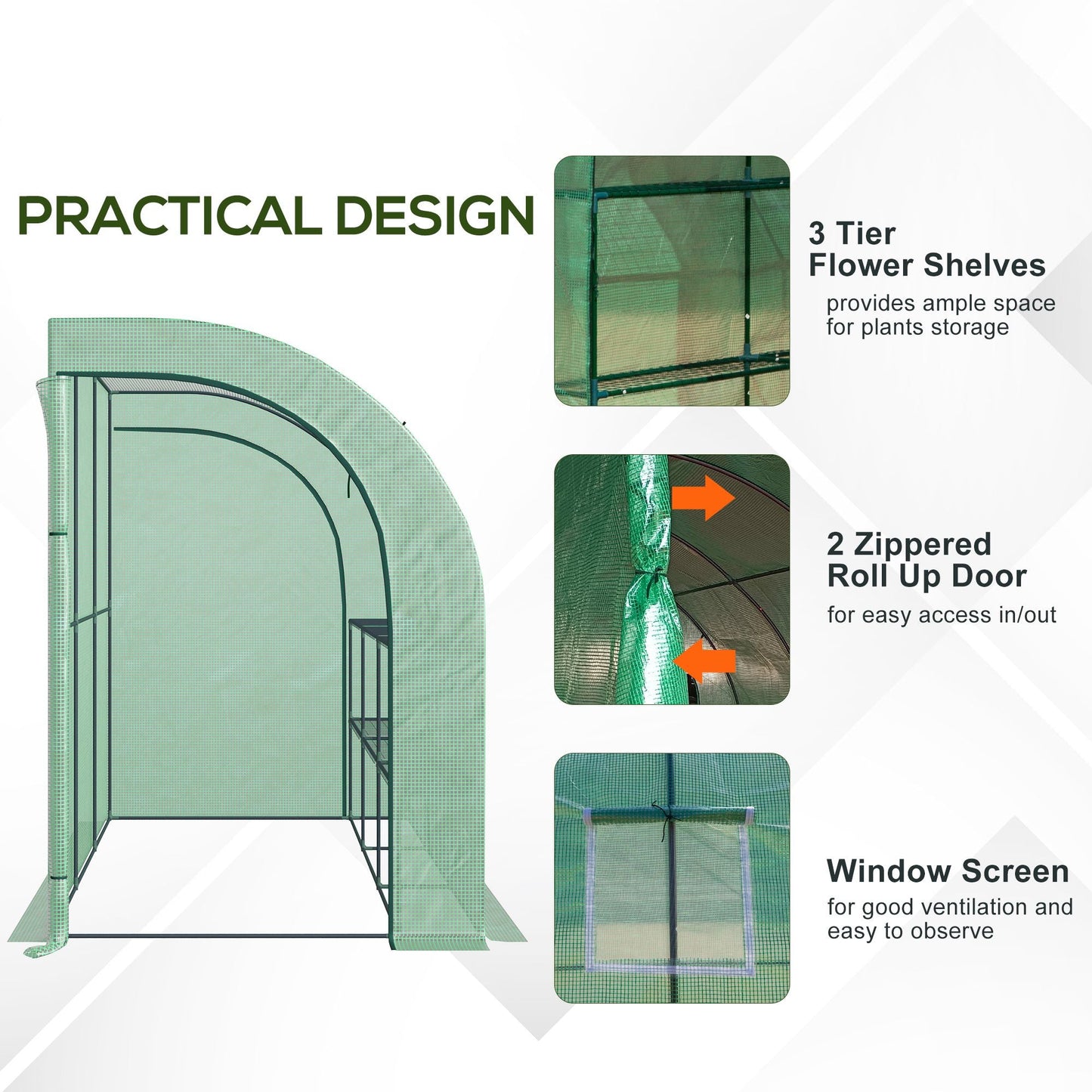 Walk-In Lean to Wall Greenhouse with Windows and Doors, Outdoor Green House with 3 Tiers 6 Wired Shelves, 300L x 150W x 213Hcm, Green