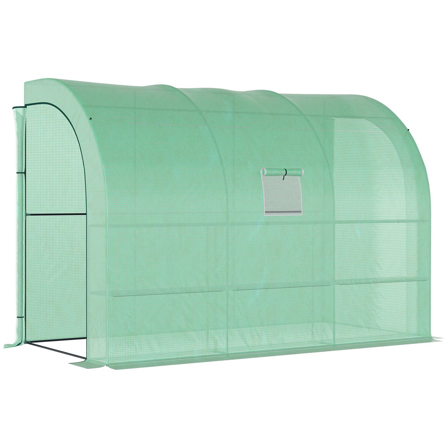Walk-In Lean to Wall Greenhouse with Windows and Doors, Outdoor Green House with 3 Tiers 6 Wired Shelves, 300L x 150W x 213Hcm, Green