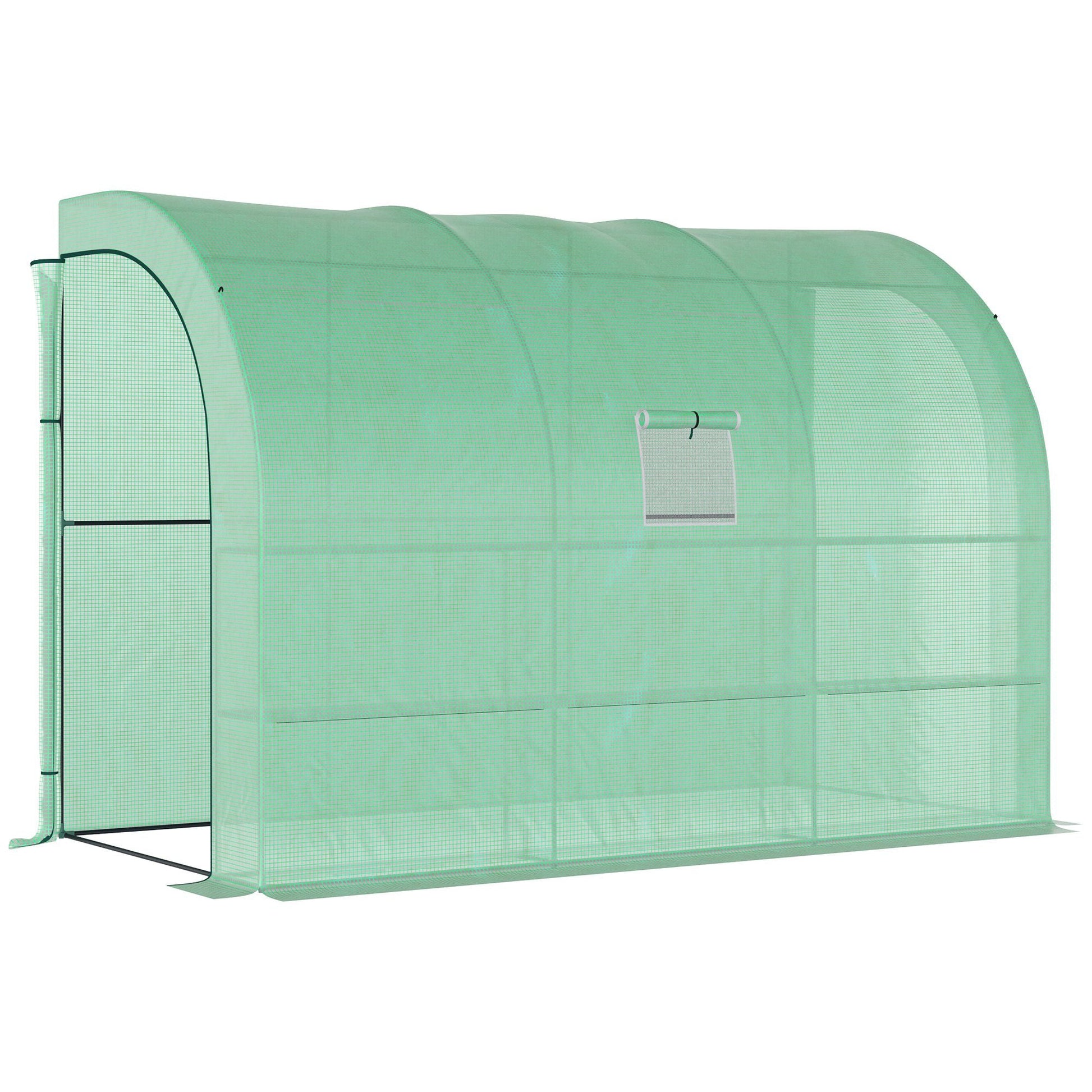 Walk-In Lean to Wall Greenhouse with Windows and Doors, Outdoor Green House with 3 Tiers 6 Wired Shelves, 300L x 150W x 213Hcm, Green