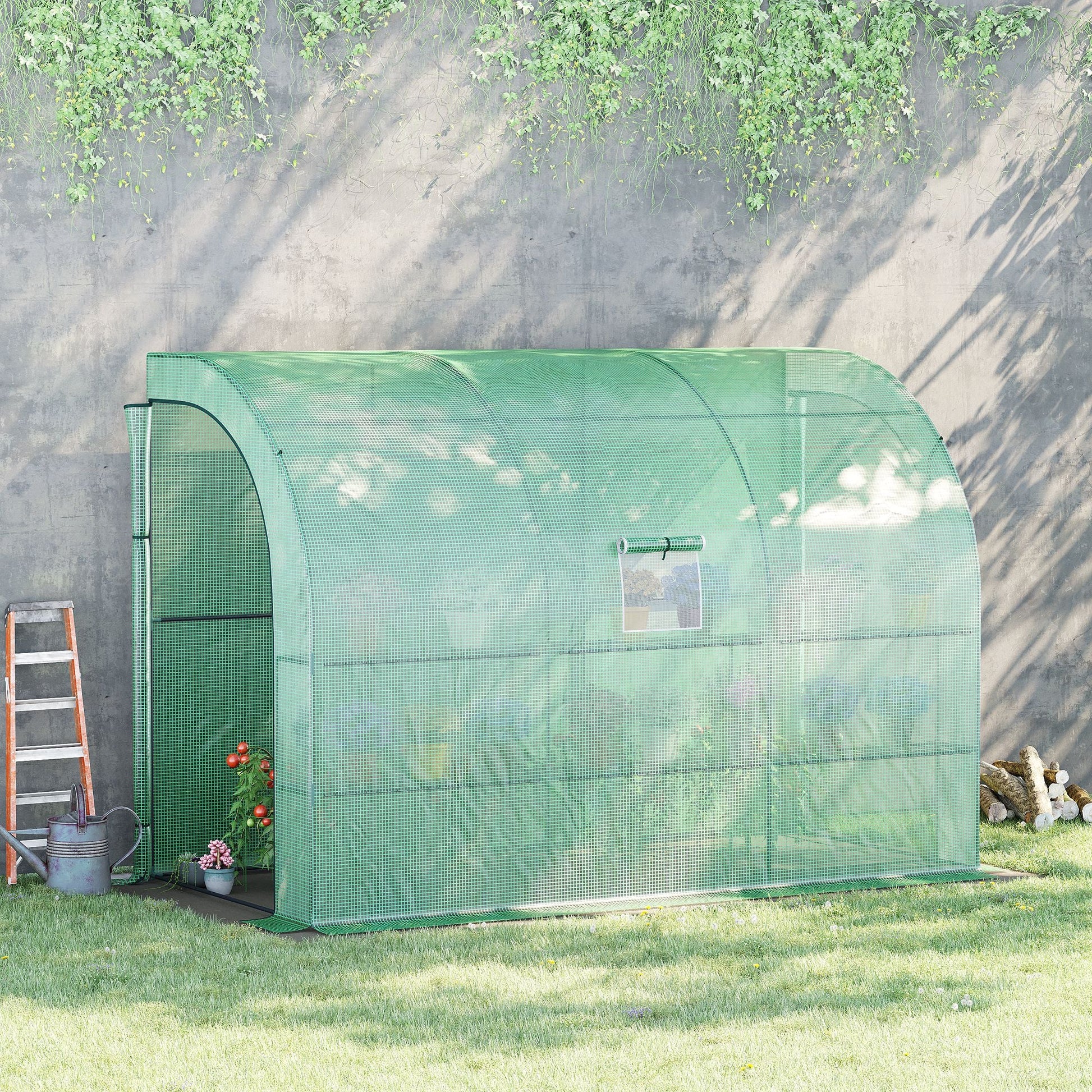 Walk-In Lean to Wall Greenhouse with Windows and Doors, Outdoor Green House with 3 Tiers 6 Wired Shelves, 300L x 150W x 213Hcm, Green