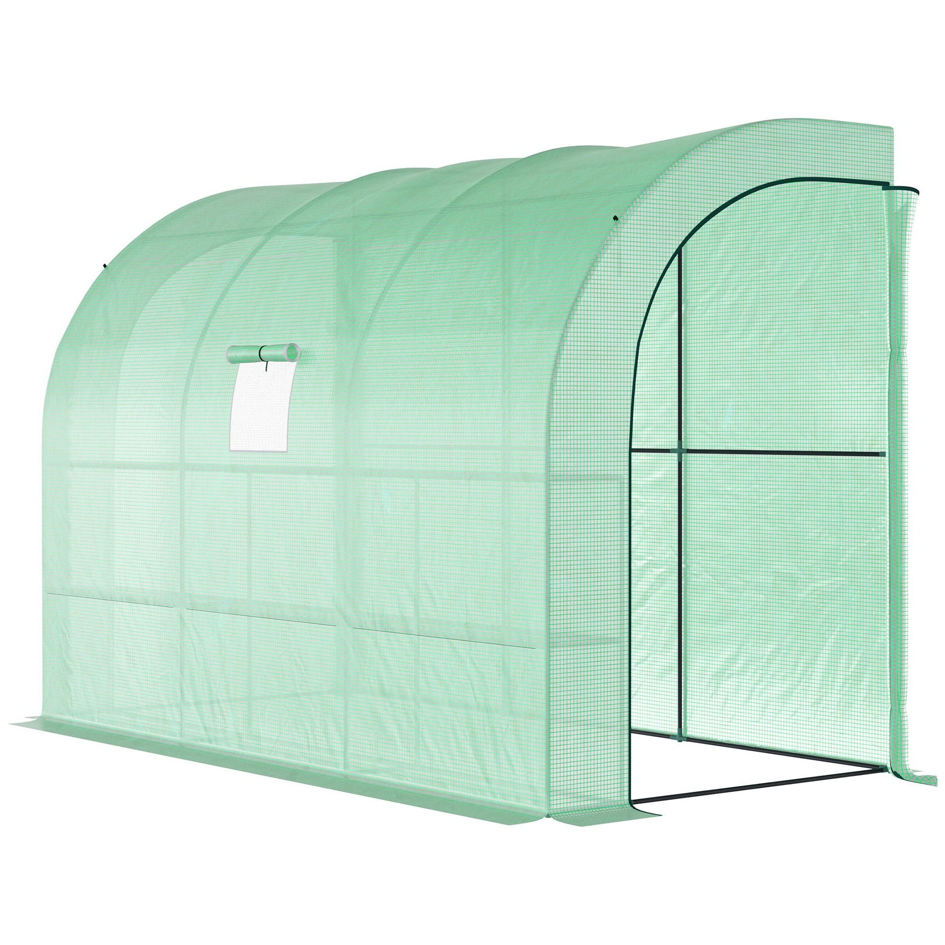 Walk-In Lean to Wall Greenhouse with Windows and Doors, Outdoor Green House with 3 Tiers 6 Wired Shelves, 300L x 150W x 213Hcm, Green