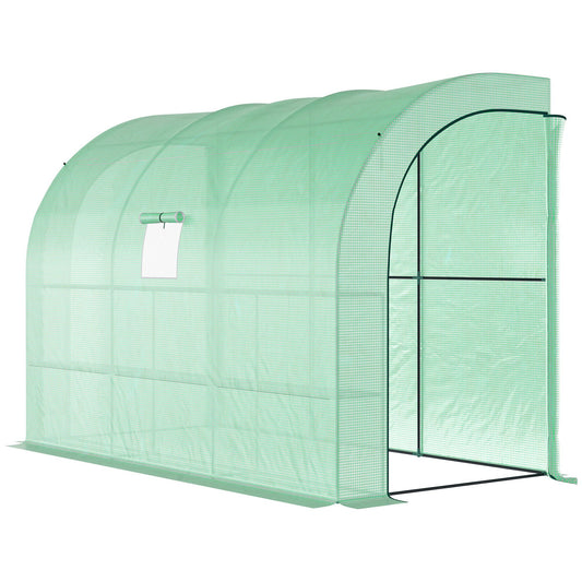 Walk-In Lean to Wall Greenhouse with Windows and Doors, Outdoor Green House with 3 Tiers 6 Wired Shelves, 300L x 150W x 213Hcm, Green
