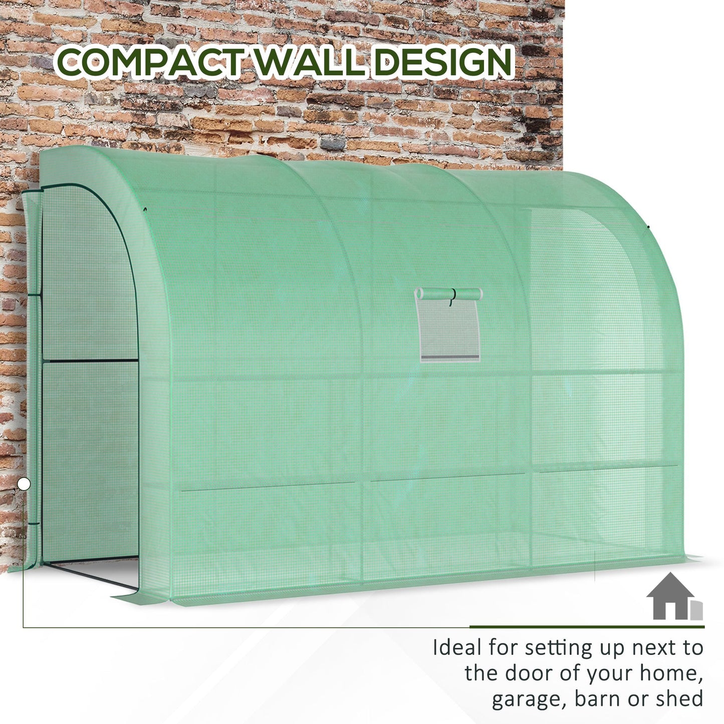 Walk-In Lean to Wall Greenhouse with Windows and Doors, Outdoor Green House with 3 Tiers 6 Wired Shelves, 300L x 150W x 213Hcm, Green