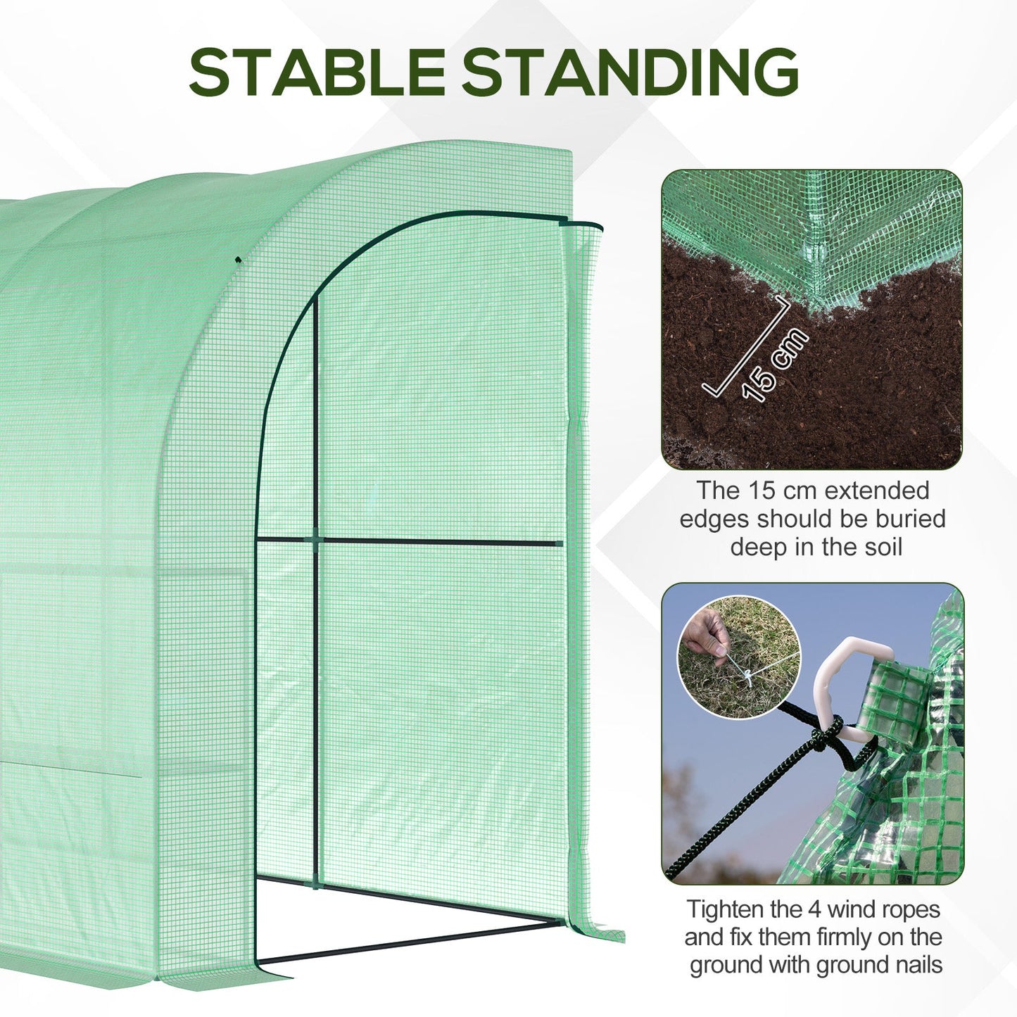 Walk-In Lean to Wall Greenhouse with Windows and Doors, Outdoor Green House with 3 Tiers 6 Wired Shelves, 300L x 150W x 213Hcm, Green