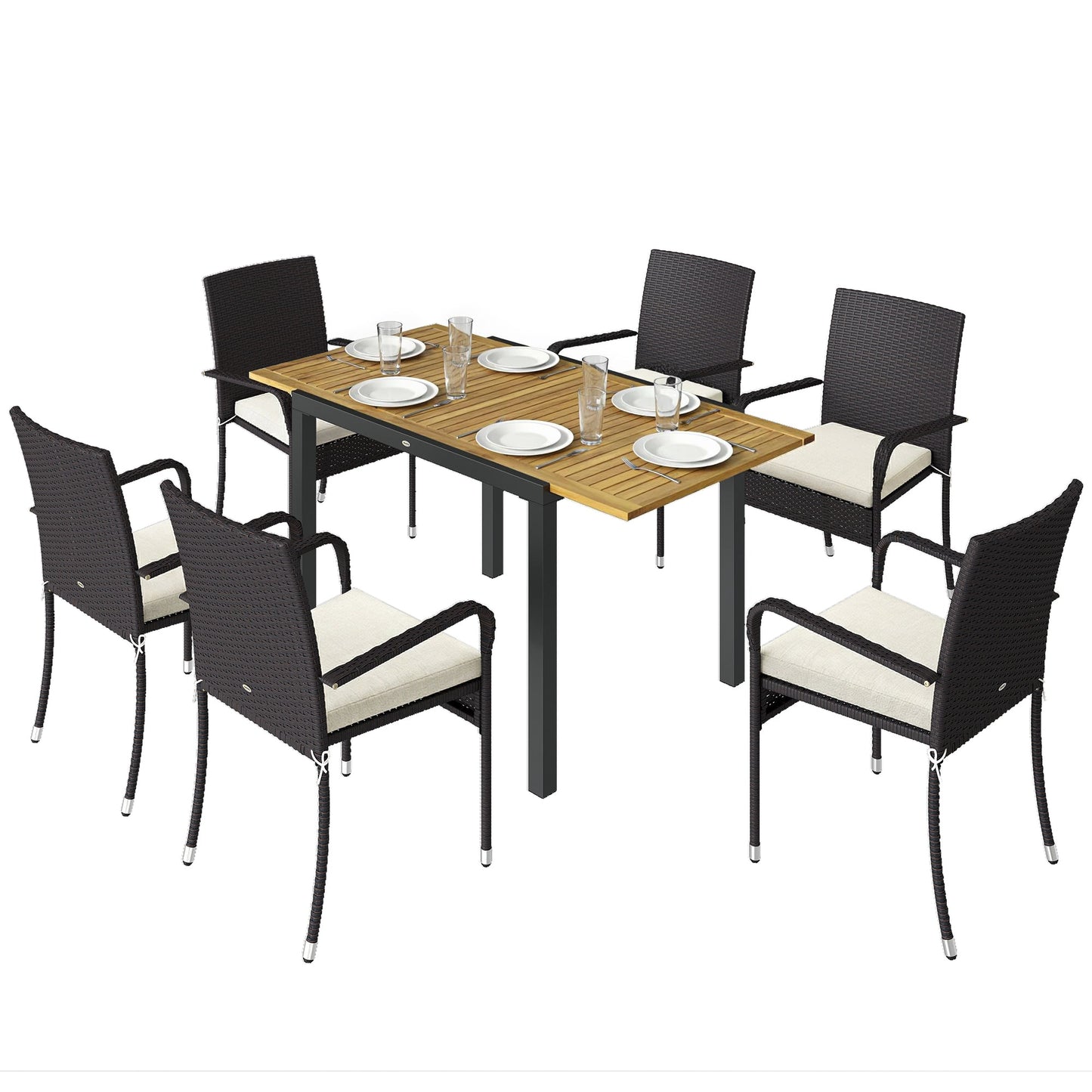 7 Piece Rattan Garden Furniture Set, 6 Seater Garden Table and 6 Stackable Chairs with Extendable Acacia Wood Tabletop, All-Weather Outdoor Furniture with Cushions for Patio, Cream White