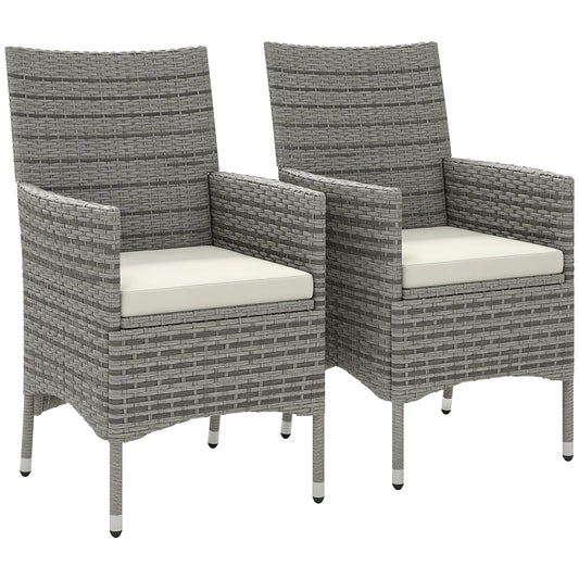 2 Pieces Outdoor PE Rattan Dining Chairs Set with Cushion, Garden Armchair with Armrests, High Backrest, Metal Frame Patio Wicker Furniture, Mixed Grey