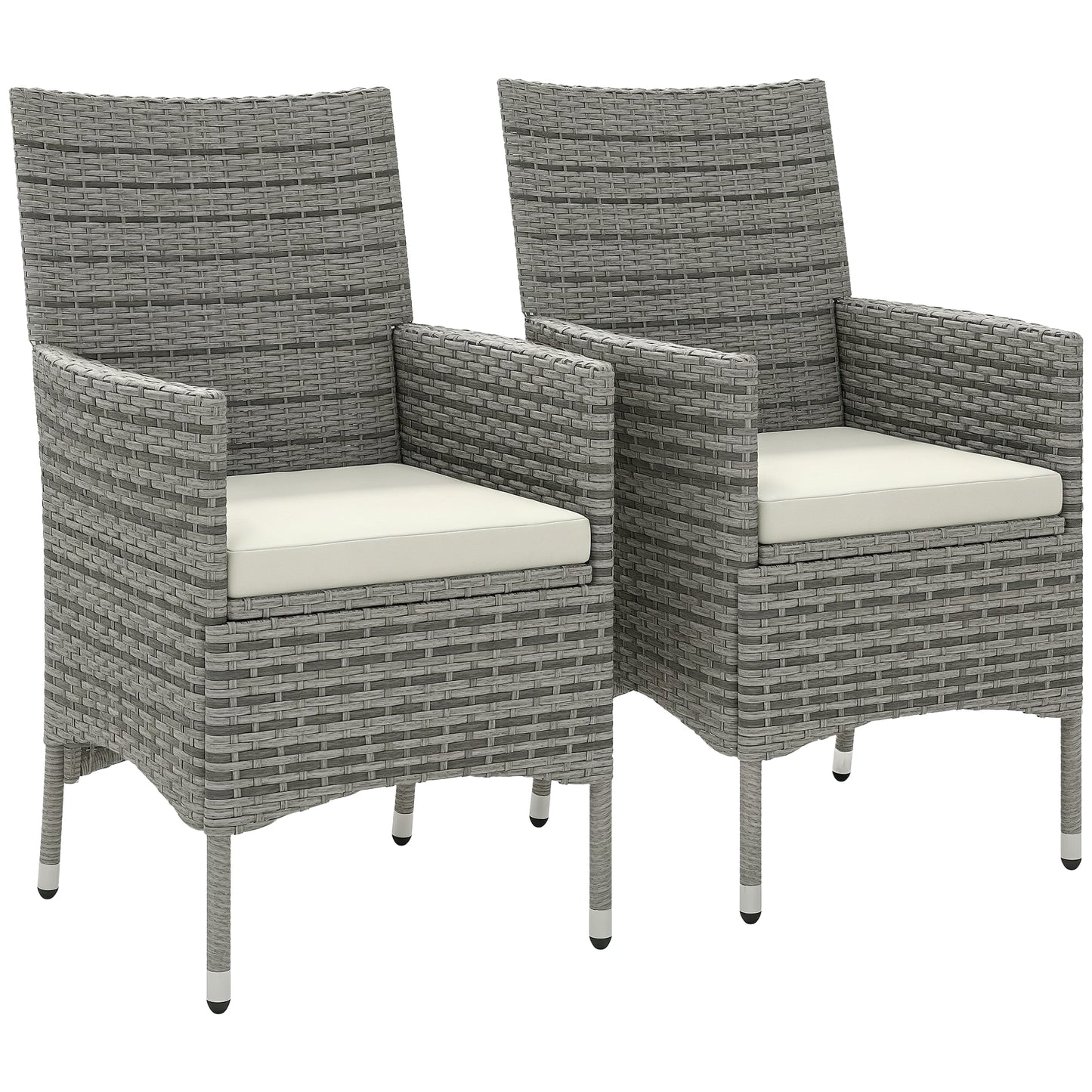 2 Pieces Outdoor PE Rattan Dining Chairs Set with Cushion, Garden Armchair with Armrests, High Backrest, Metal Frame Patio Wicker Furniture, Mixed Grey