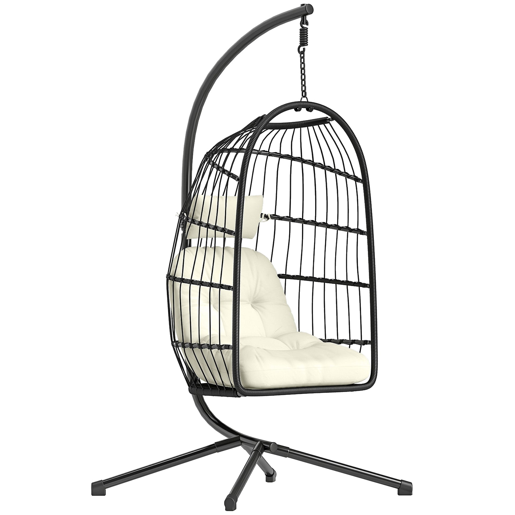 Hanging Egg Chair, Indoor Outdoor Hammock Swing Chair with Stand, Safety Strap, Foldable Basket, Thick Cushions, Headrest, Adjustable Height, Metal Frame for Garden Balcony, Black/Cream White