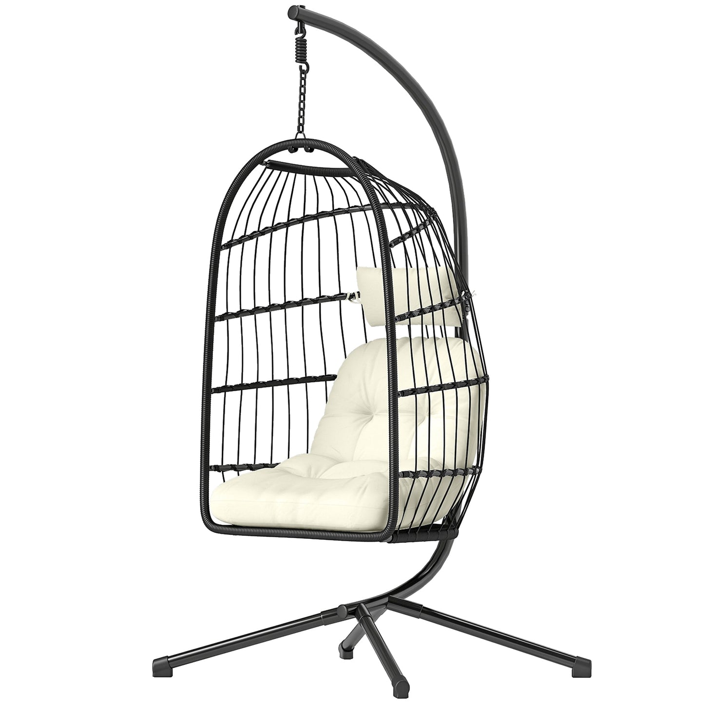 Hanging Egg Chair, Indoor Outdoor Hammock Swing Chair with Stand, Safety Strap, Foldable Basket, Thick Cushions, Headrest, Adjustable Height, Metal Frame for Garden Balcony, Black/Cream White