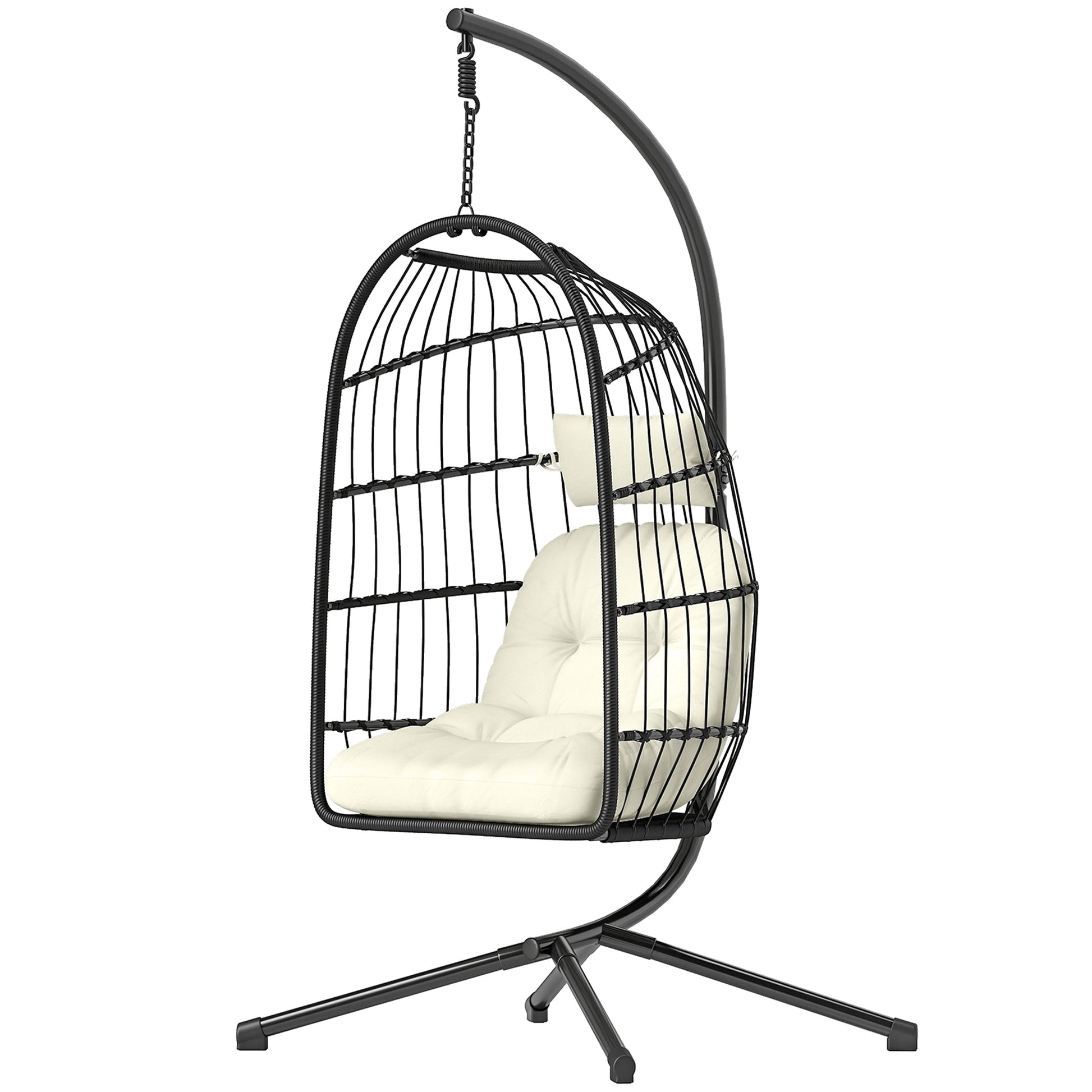 Hanging Egg Chair, Indoor Outdoor Hammock Swing Chair with Stand, Safety Strap, Foldable Basket, Thick Cushions, Headrest, Adjustable Height, Metal Frame for Garden Balcony, Black/Cream White