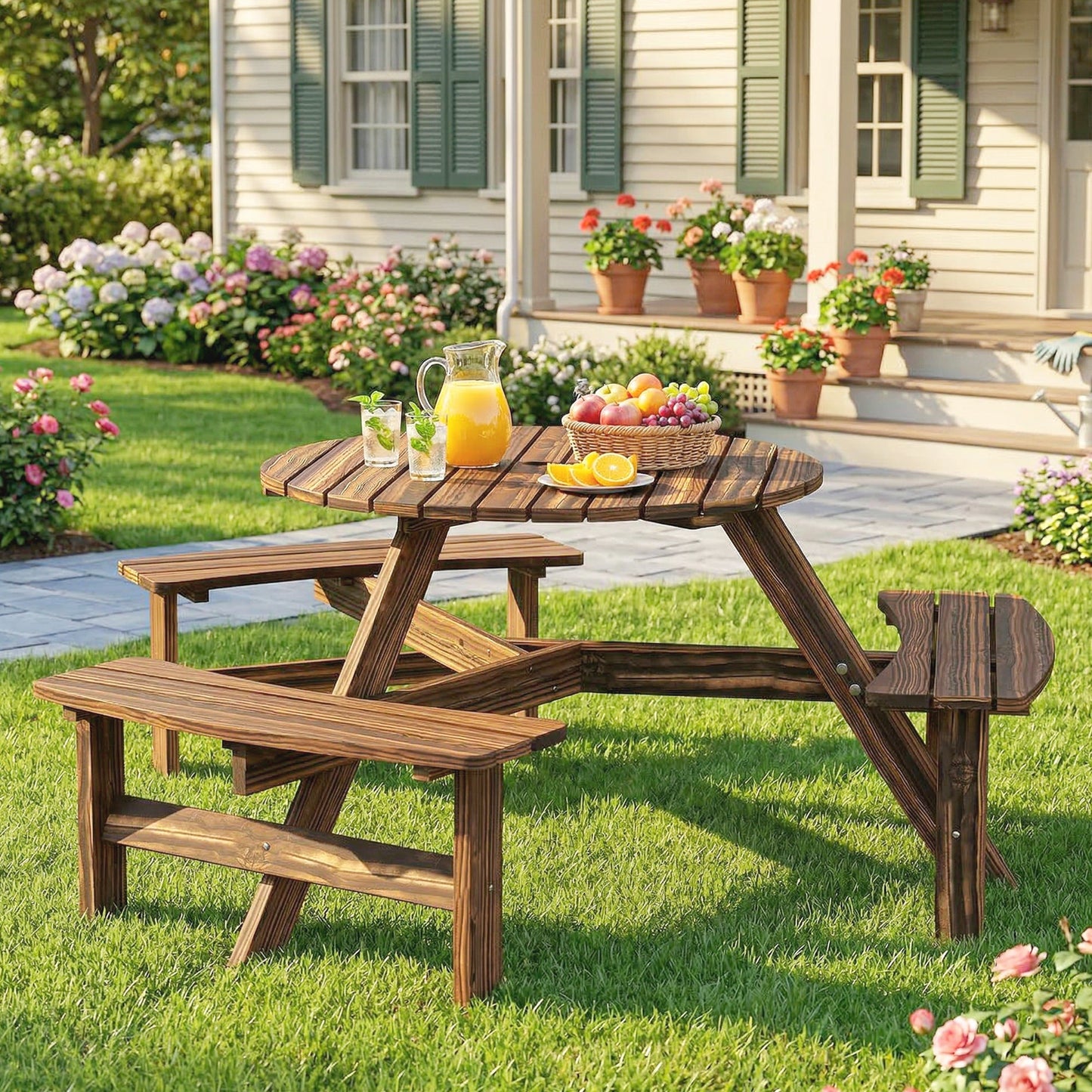 Wooden Garden Dining Set, 6 Seater Round Dining Picnic Table with Matching Bench, Garden Furniture Set with Parasol Hole for Outdoor Patio Party and Family Gatherings, Carbonized