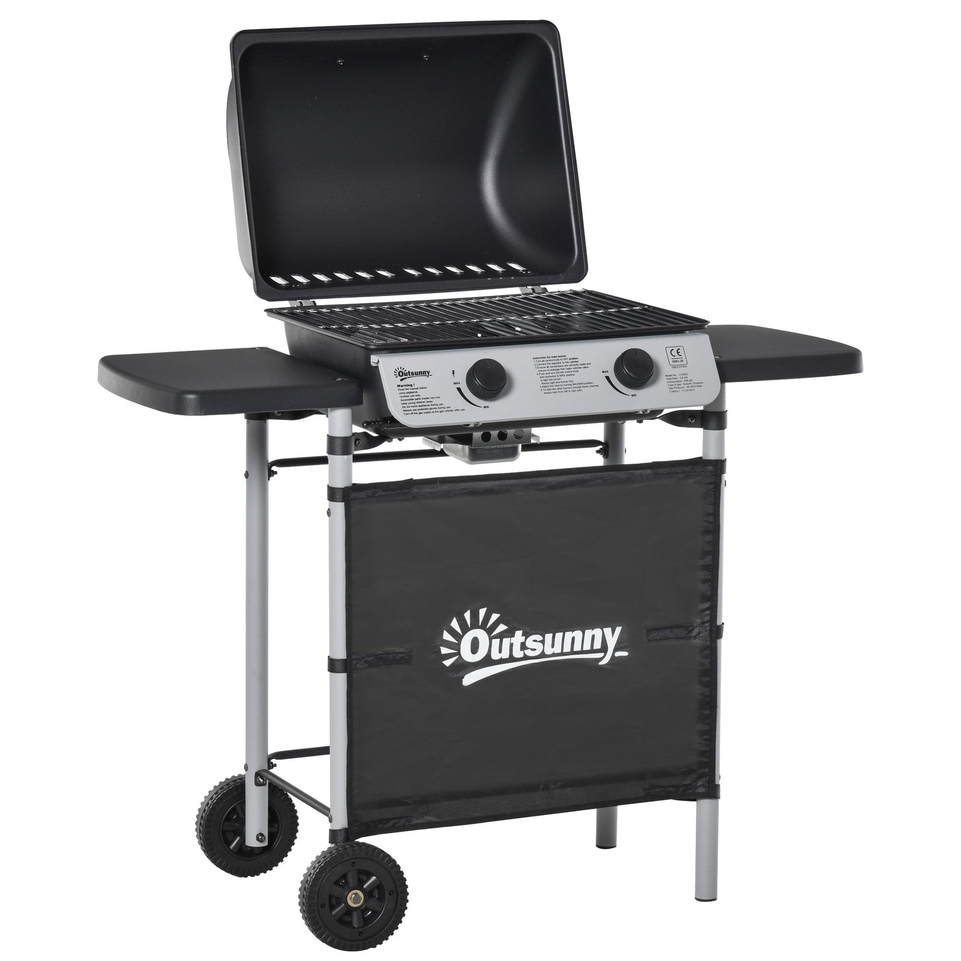 2 Burner Gas BBQ Trolley with Lid, 5.6 kW Gas Barbecue Grill with Wheels, Side Shelves, Grey