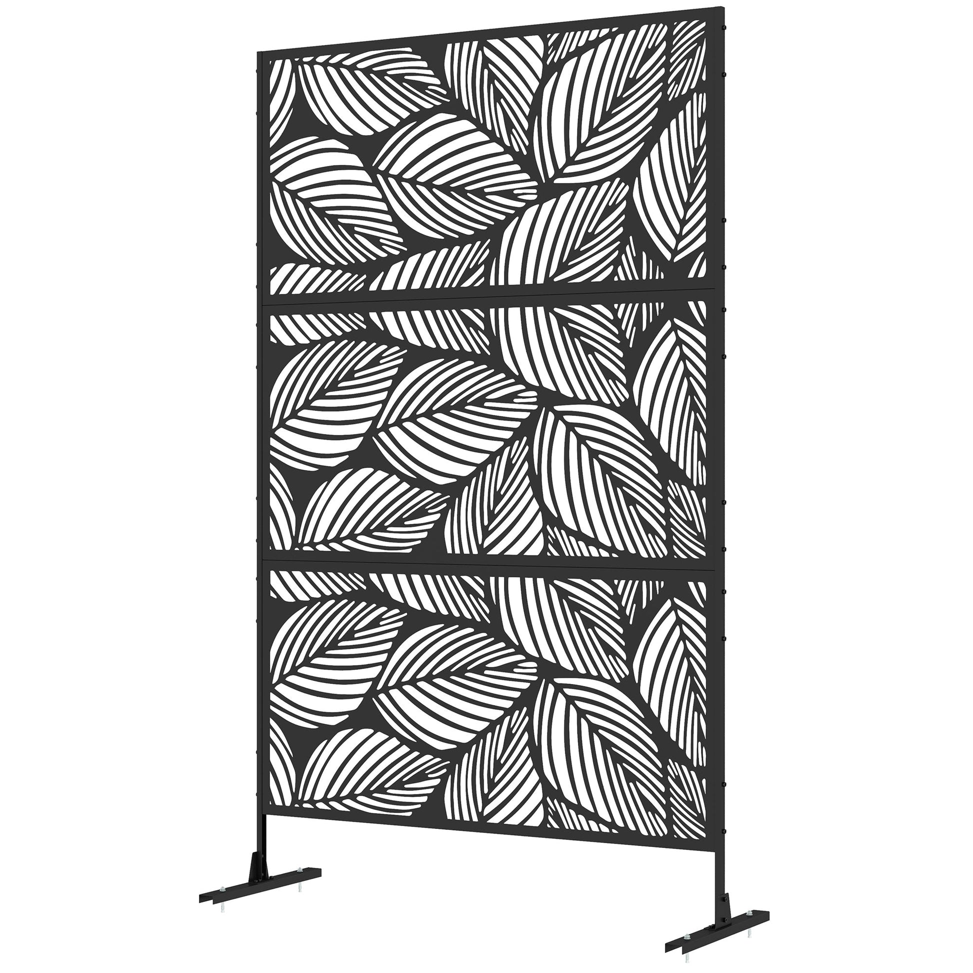 Decorative Garden Privacy Screen with Stand, 6.5FT Freestanding Metal Outdoor Divider, Decorative Privacy Panel with Expansion Screws for Garden Pool Hot Tub, Leaf Style, Black
