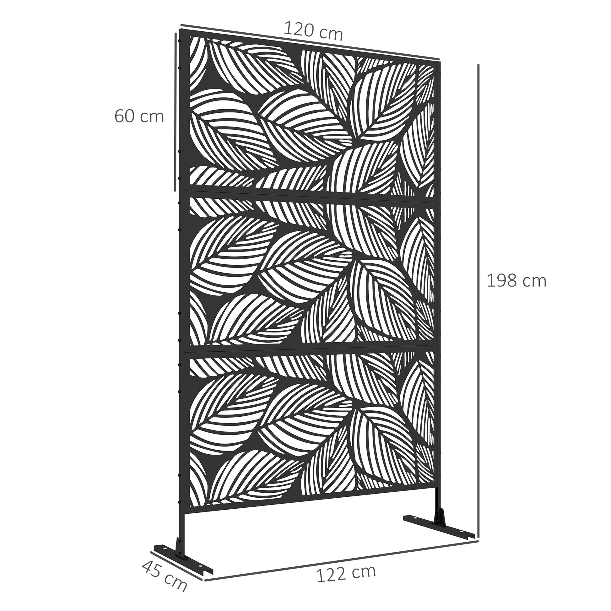 Decorative Garden Privacy Screen with Stand, 6.5FT Freestanding Metal Outdoor Divider, Decorative Privacy Panel with Expansion Screws for Garden Pool Hot Tub, Leaf Style, Black