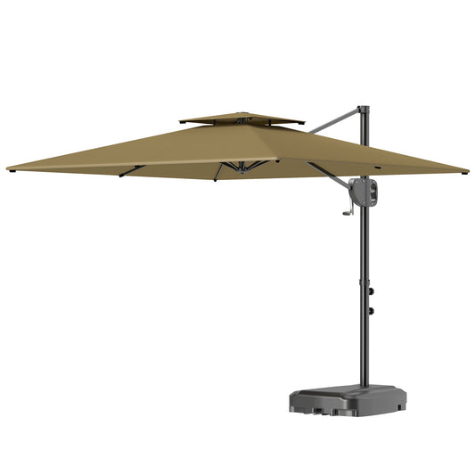 2.5m Garden Cantilever Parasol with Fillable Base, Up to 40kg, Double Top Garden Parasol, Square Overhanging Patio Umbrella with Crank Handle and Tilt for Outdoor Sun Shade, Khaki