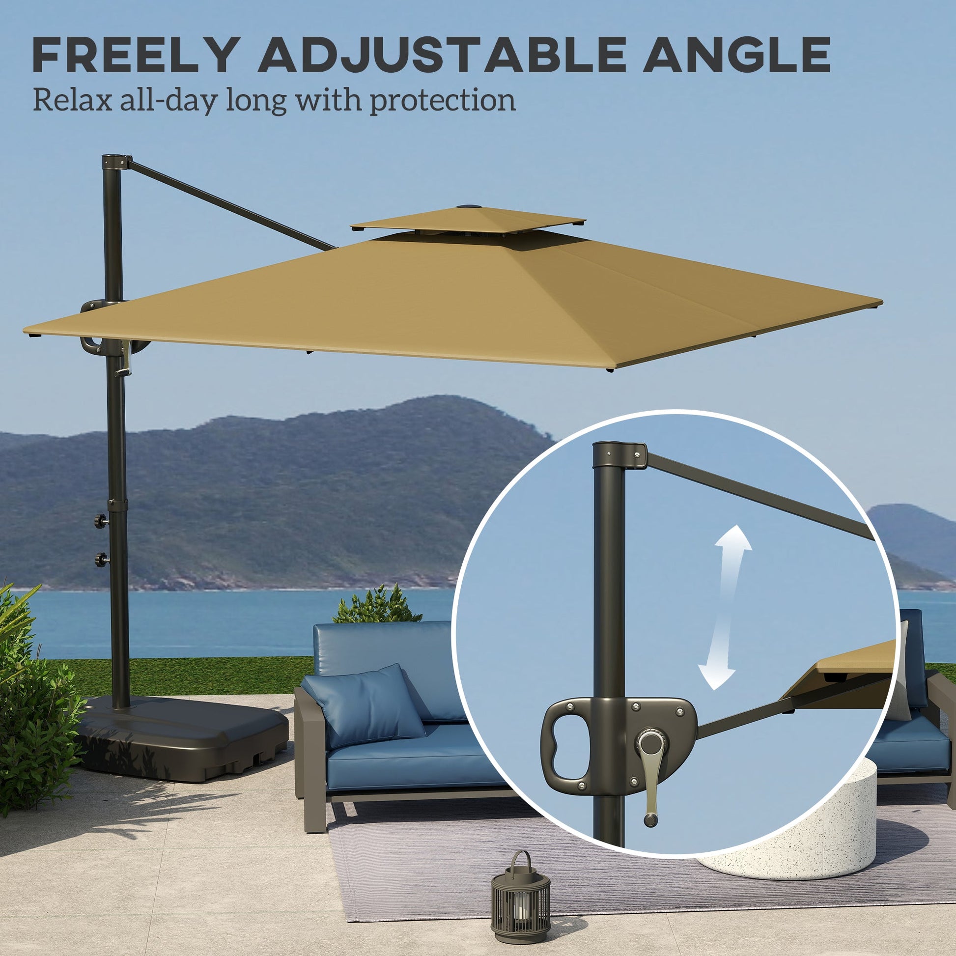 2.5m Garden Cantilever Parasol with Fillable Base, Up to 40kg, Double Top Garden Parasol, Square Overhanging Patio Umbrella with Crank Handle and Tilt for Outdoor Sun Shade, Khaki