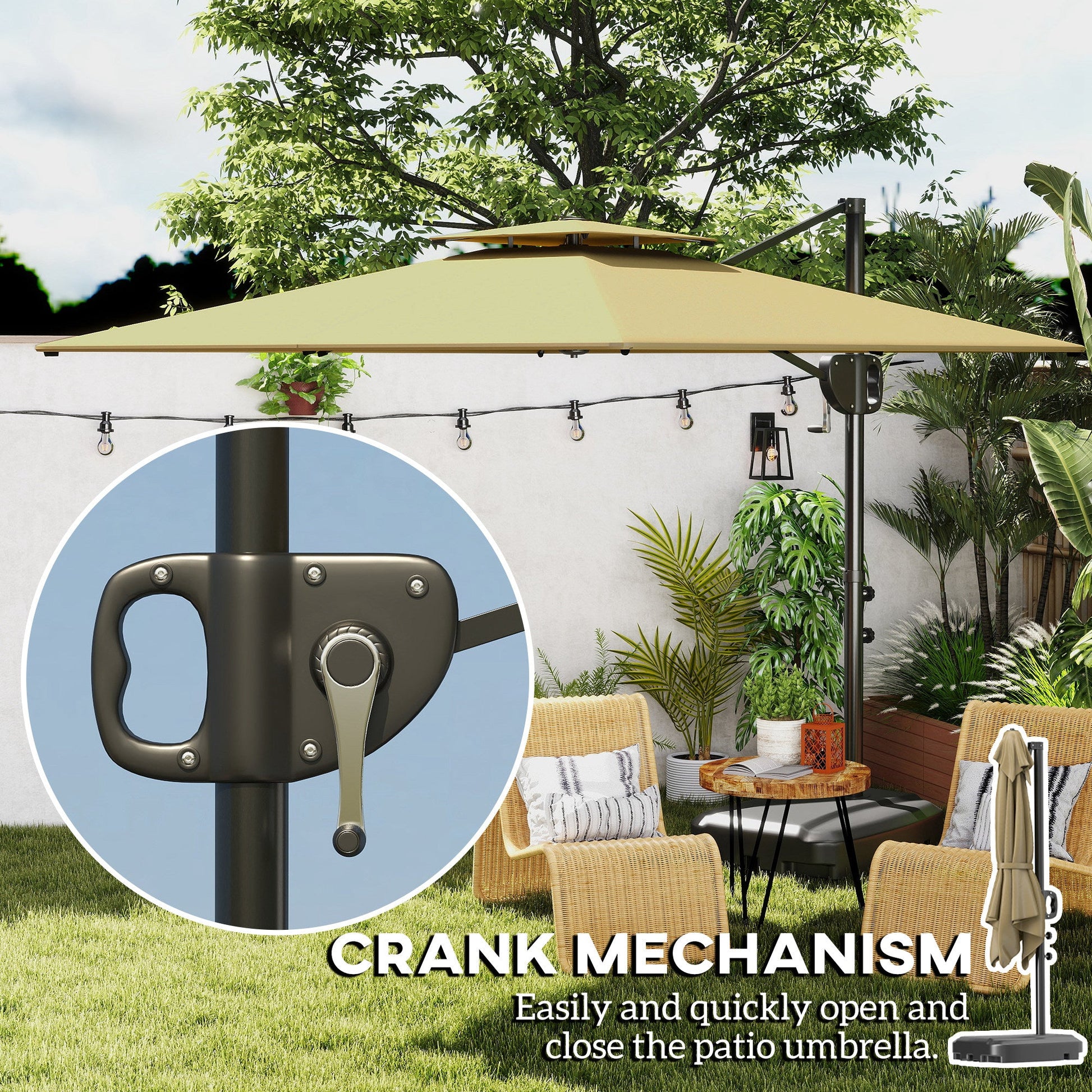 2.5m Garden Cantilever Parasol with Fillable Base, Up to 40kg, Double Top Garden Parasol, Square Overhanging Patio Umbrella with Crank Handle and Tilt for Outdoor Sun Shade, Khaki