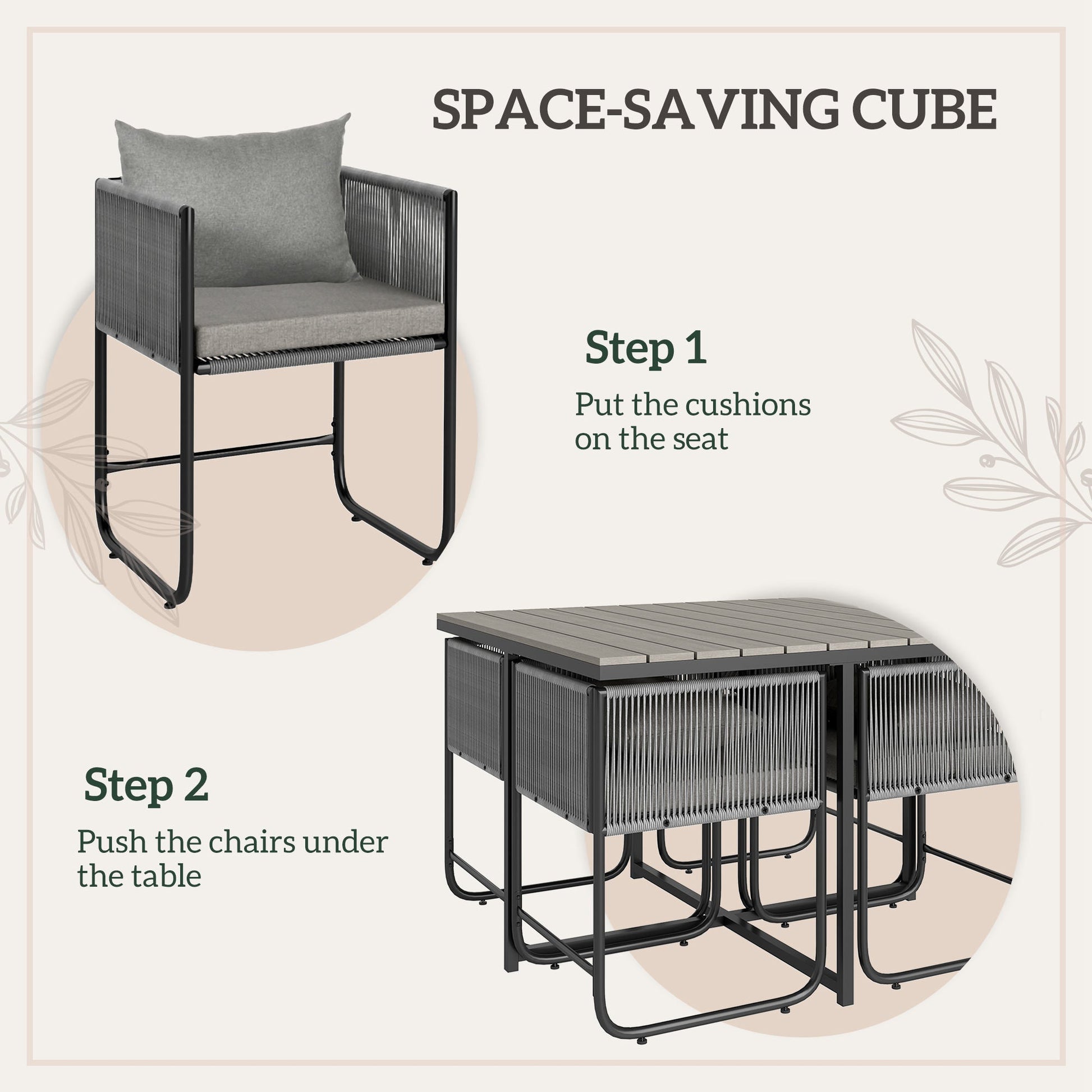 4 Seater Rattan Cube Garden Furniture Set, Rattan Dining Set with Cushions, Outdoor Dining Table and Chairs with Rectangular Wood Grain Plastic Top Table for Patio, Balcony, Grey