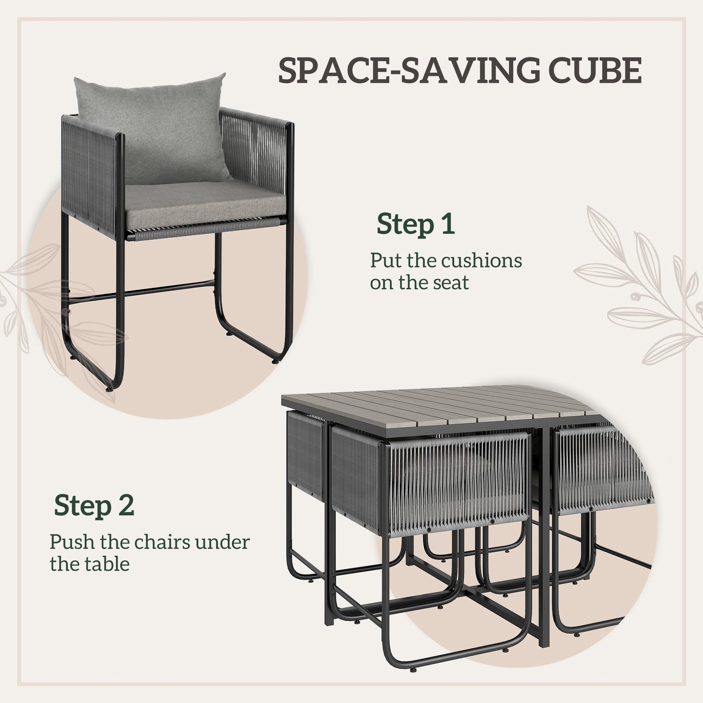 4 Seater Rattan Cube Garden Furniture Set, Rattan Dining Set with Cushions, Outdoor Dining Table and Chairs with Rectangular Wood Grain Plastic Top Table for Patio, Balcony, Grey