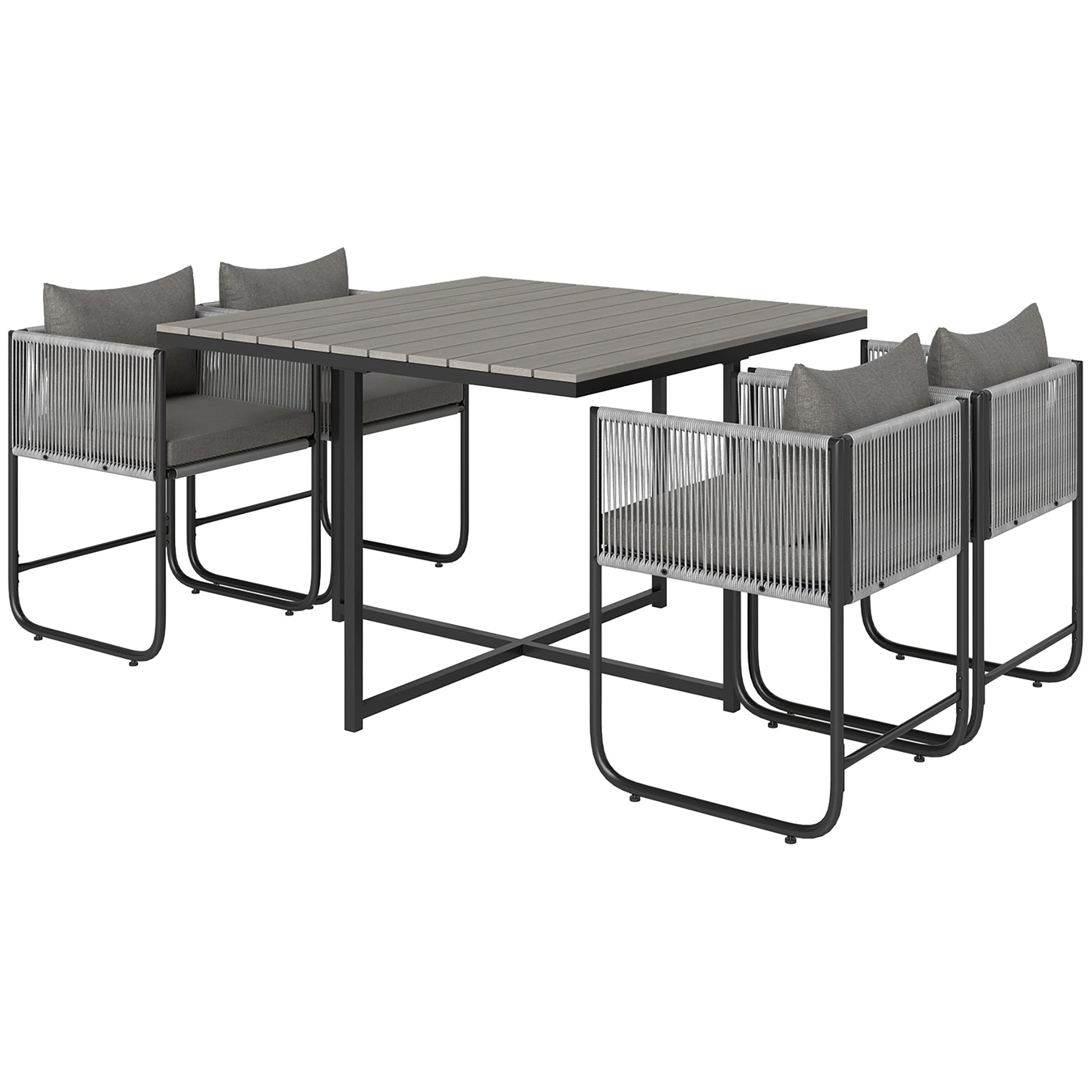 4 Seater Rattan Cube Garden Furniture Set, Rattan Dining Set with Cushions, Outdoor Dining Table and Chairs with Rectangular Wood Grain Plastic Top Table for Patio, Balcony, Grey