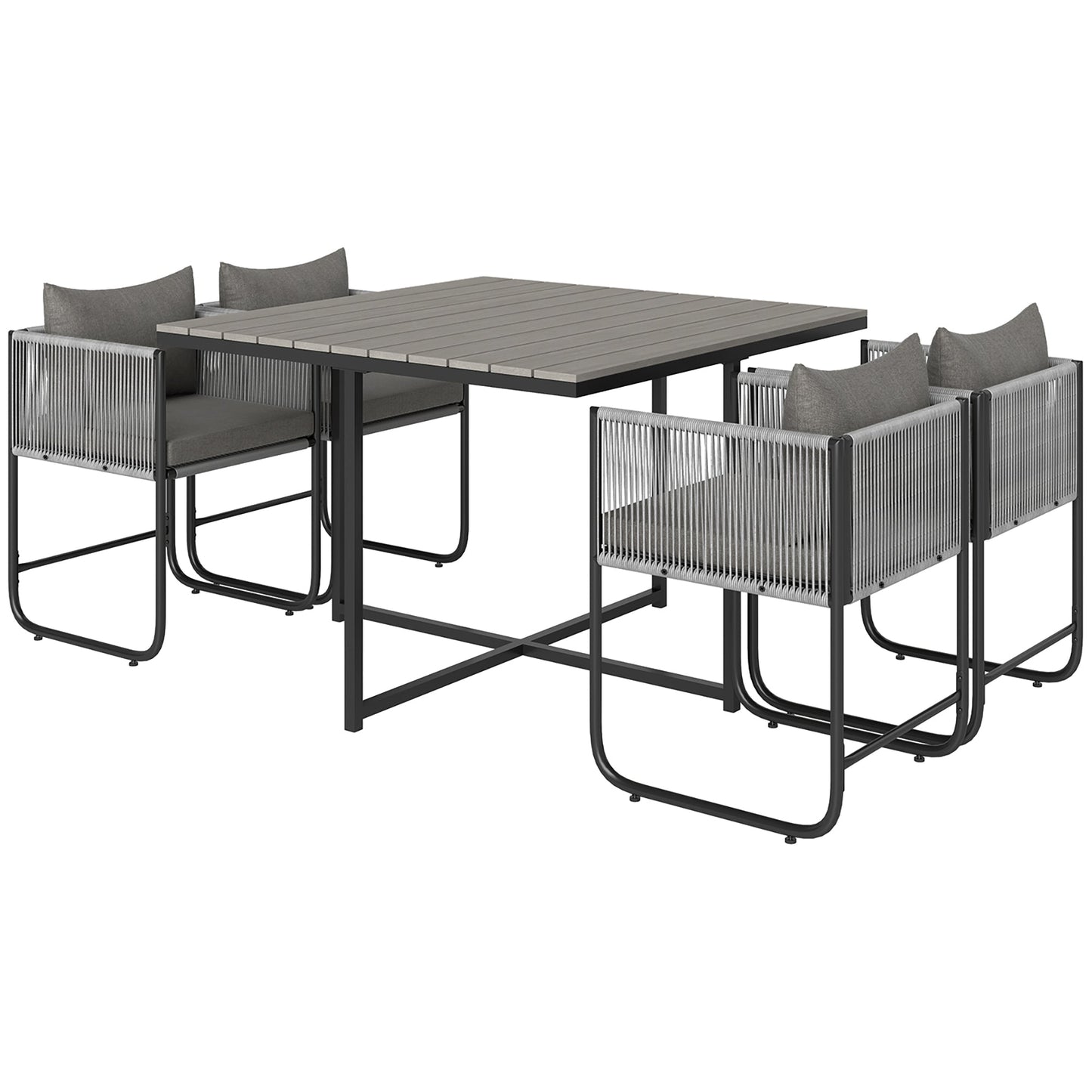 4 Seater Rattan Cube Garden Furniture Set, Rattan Dining Set with Cushions, Outdoor Dining Table and Chairs with Rectangular Wood Grain Plastic Top Table for Patio, Balcony, Grey