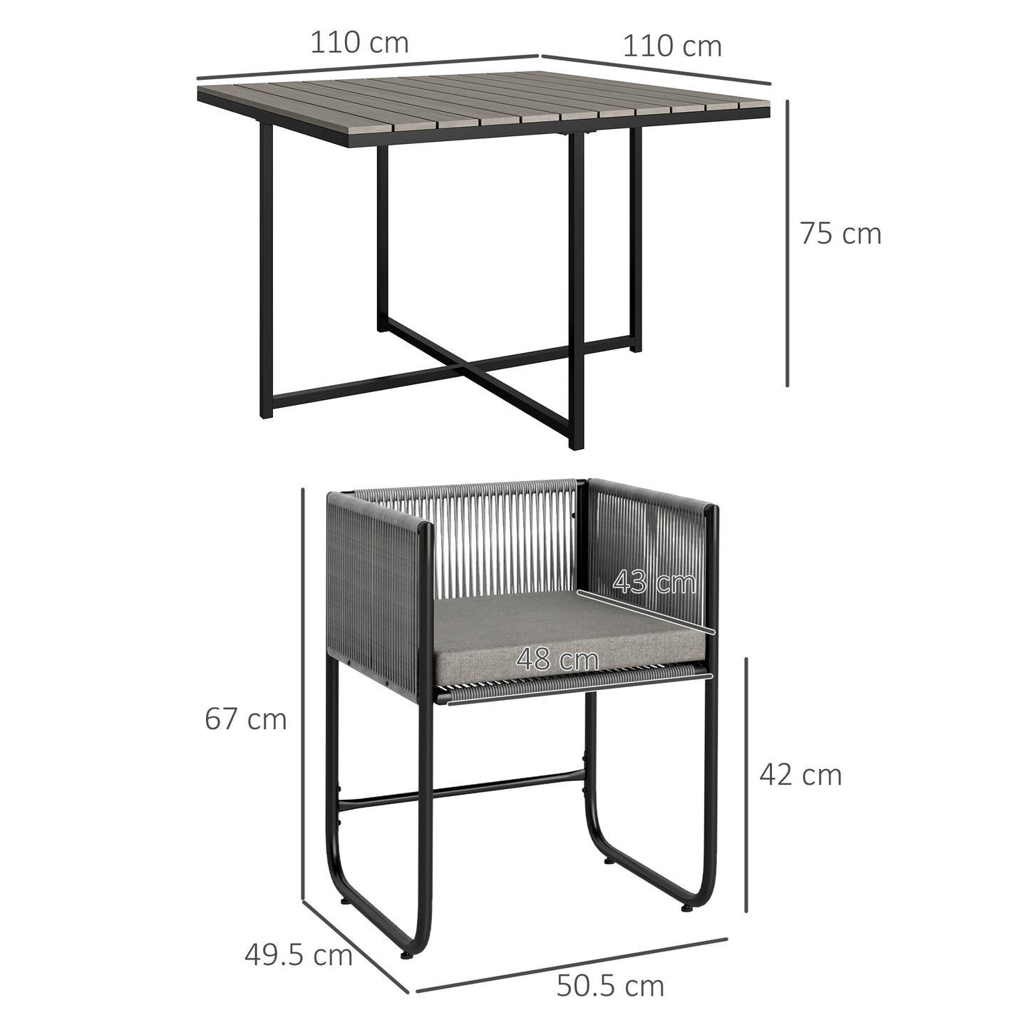 4 Seater Rattan Cube Garden Furniture Set, Rattan Dining Set with Cushions, Outdoor Dining Table and Chairs with Rectangular Wood Grain Plastic Top Table for Patio, Balcony, Grey