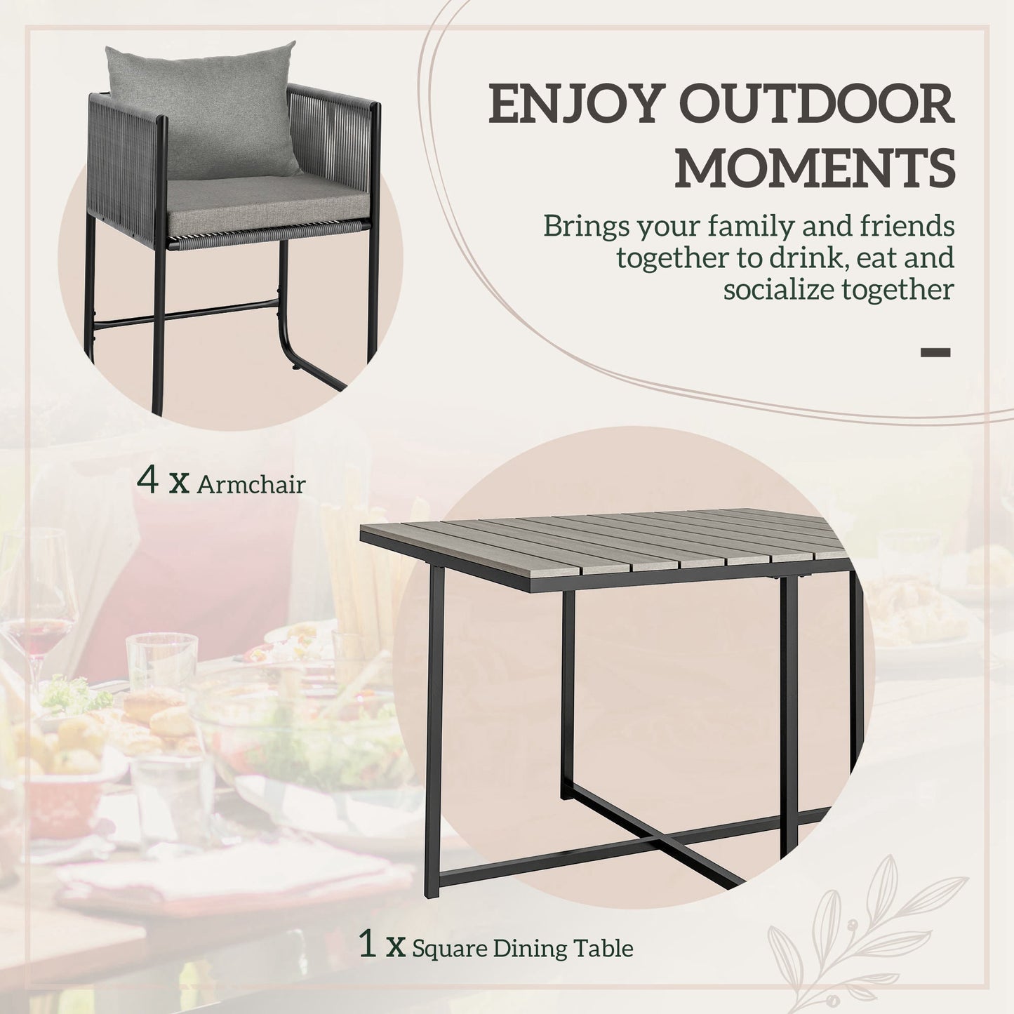 4 Seater Rattan Cube Garden Furniture Set, Rattan Dining Set with Cushions, Outdoor Dining Table and Chairs with Rectangular Wood Grain Plastic Top Table for Patio, Balcony, Grey