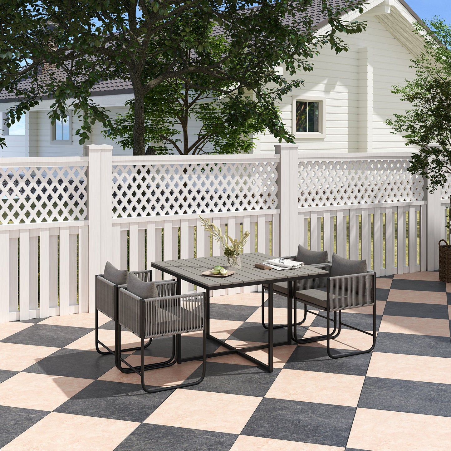 4 Seater Rattan Cube Garden Furniture Set, Rattan Dining Set with Cushions, Outdoor Dining Table and Chairs with Rectangular Wood Grain Plastic Top Table for Patio, Balcony, Grey