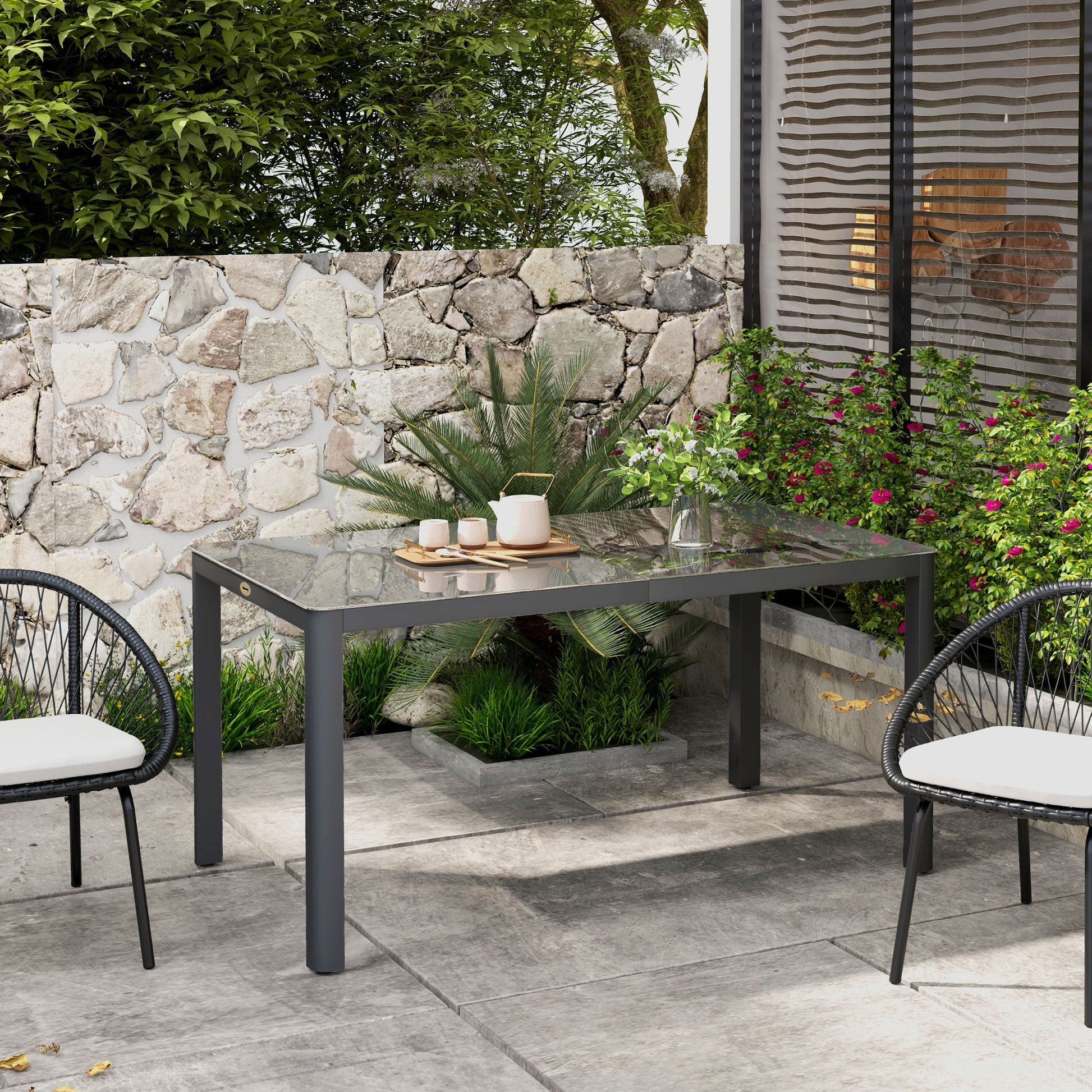Outdoor Dining Table for 6, Tempered Glass Top and Aluminium Frame, Garden Table for Balcony, Porch, Terrace, 150cm x 88cm, Grey